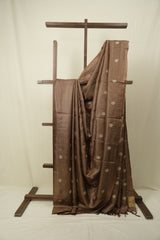 Brown Machine Embroidered Tussar Silk Saree - SRBMETSS1556