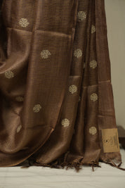 Brown Machine Embroidered Tussar Silk Saree - SRBMETSS1556
