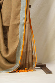 Two Tone Green-Brown Plain Linen Saree-SRTTGBPLS100