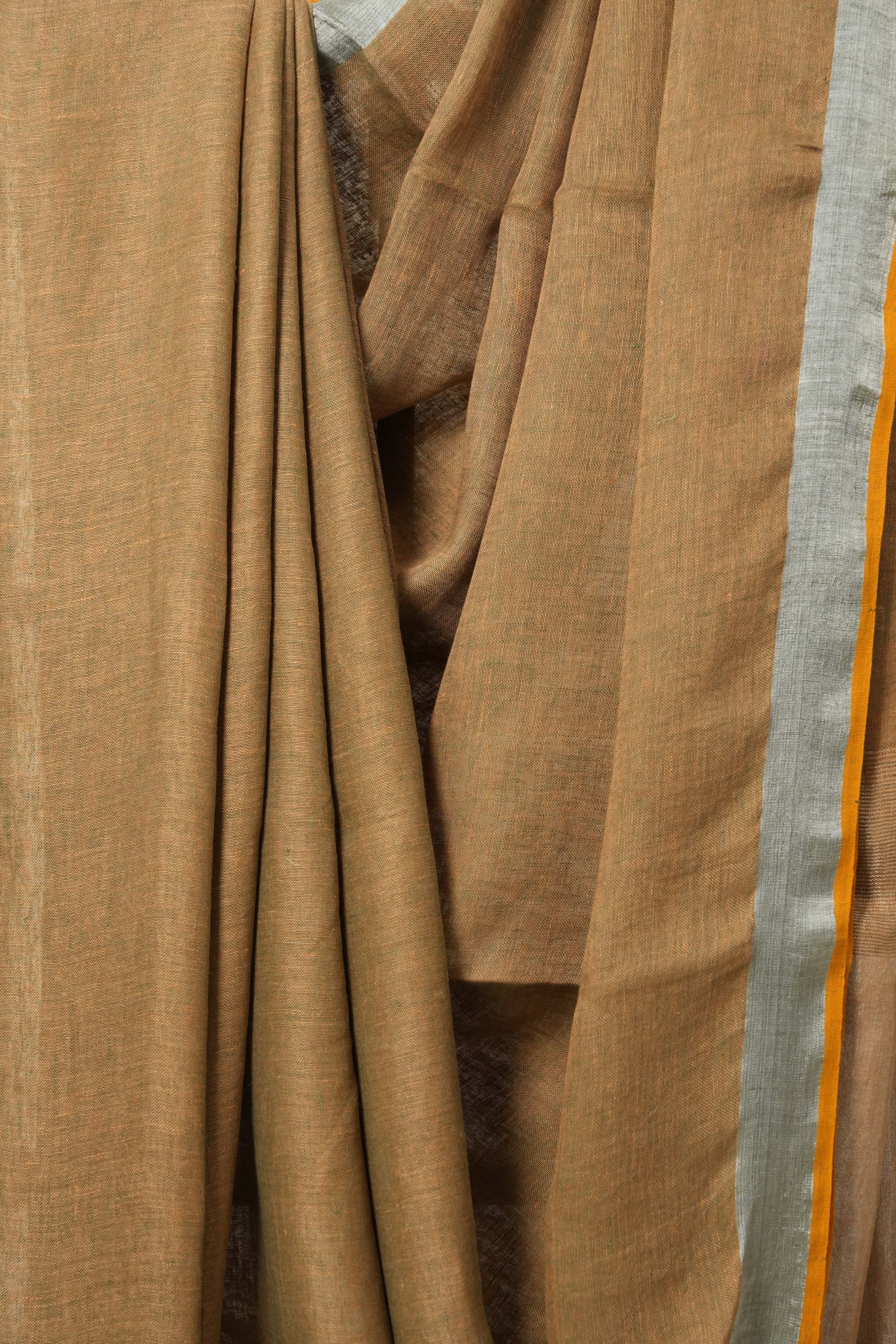 Two Tone Green-Brown Plain Linen Saree-SRTTGBPLS100