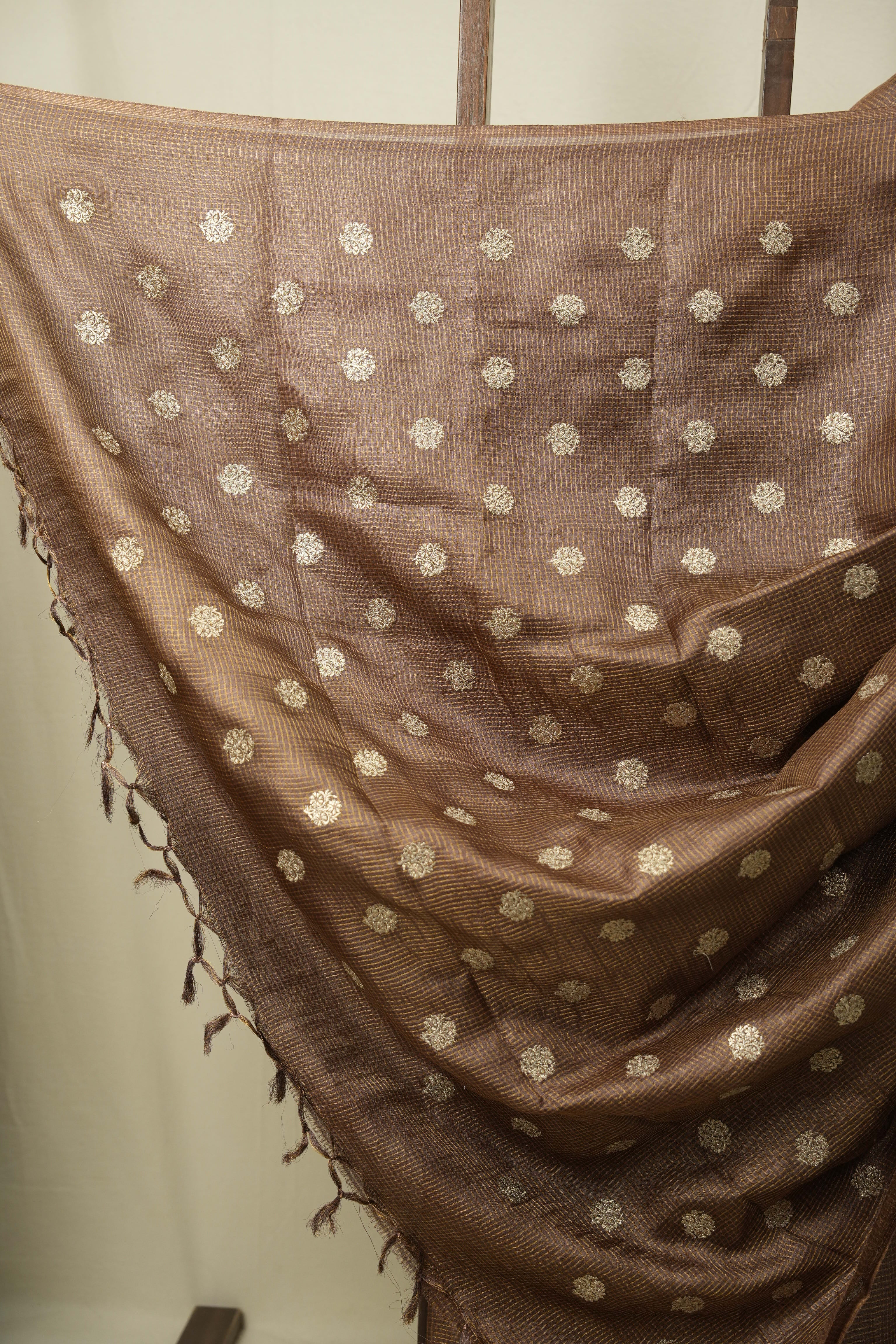 Brown Machine Embroidered Tussar Silk Saree - SRBMETSS1556