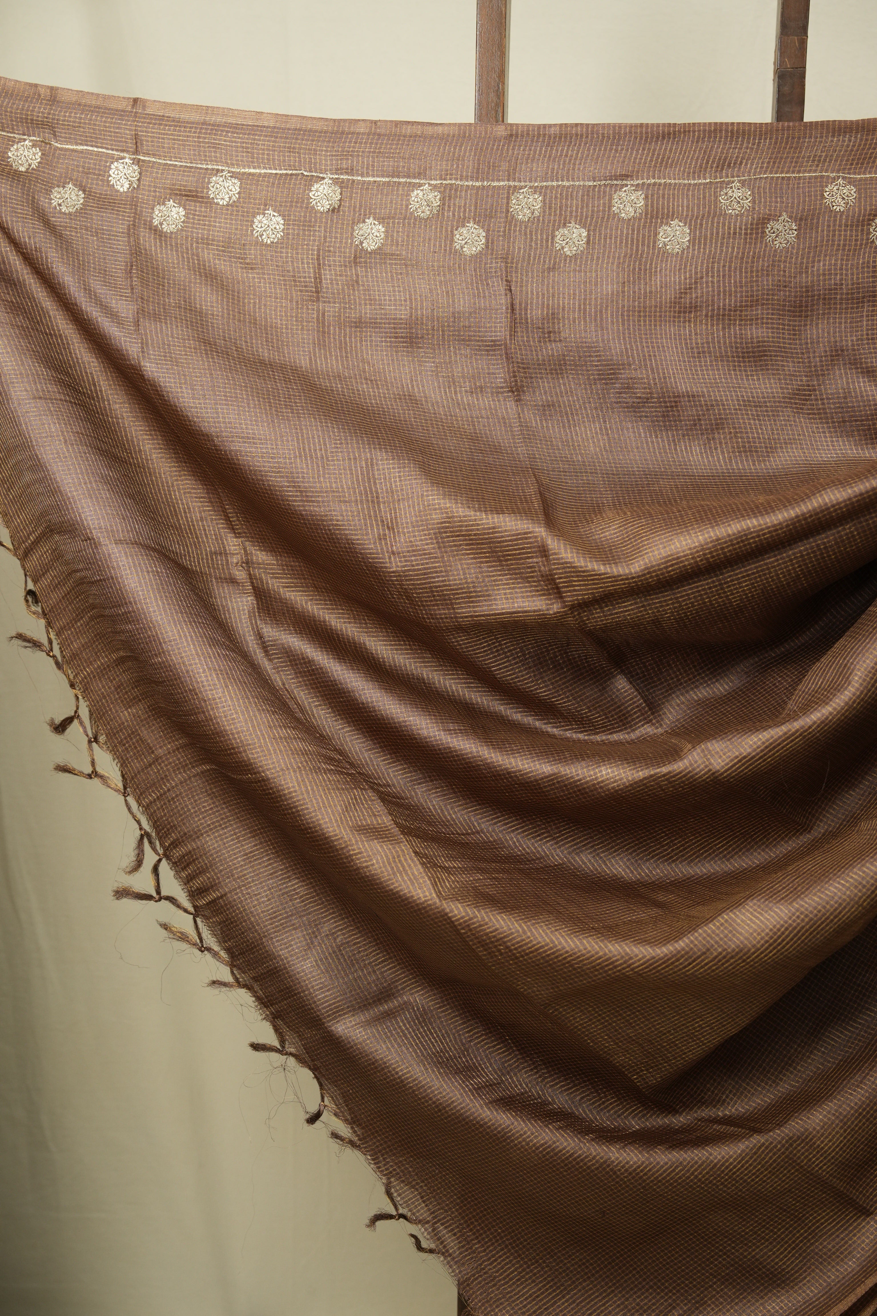 Brown Machine Embroidered Tussar Silk Saree - SRBMETSS1556