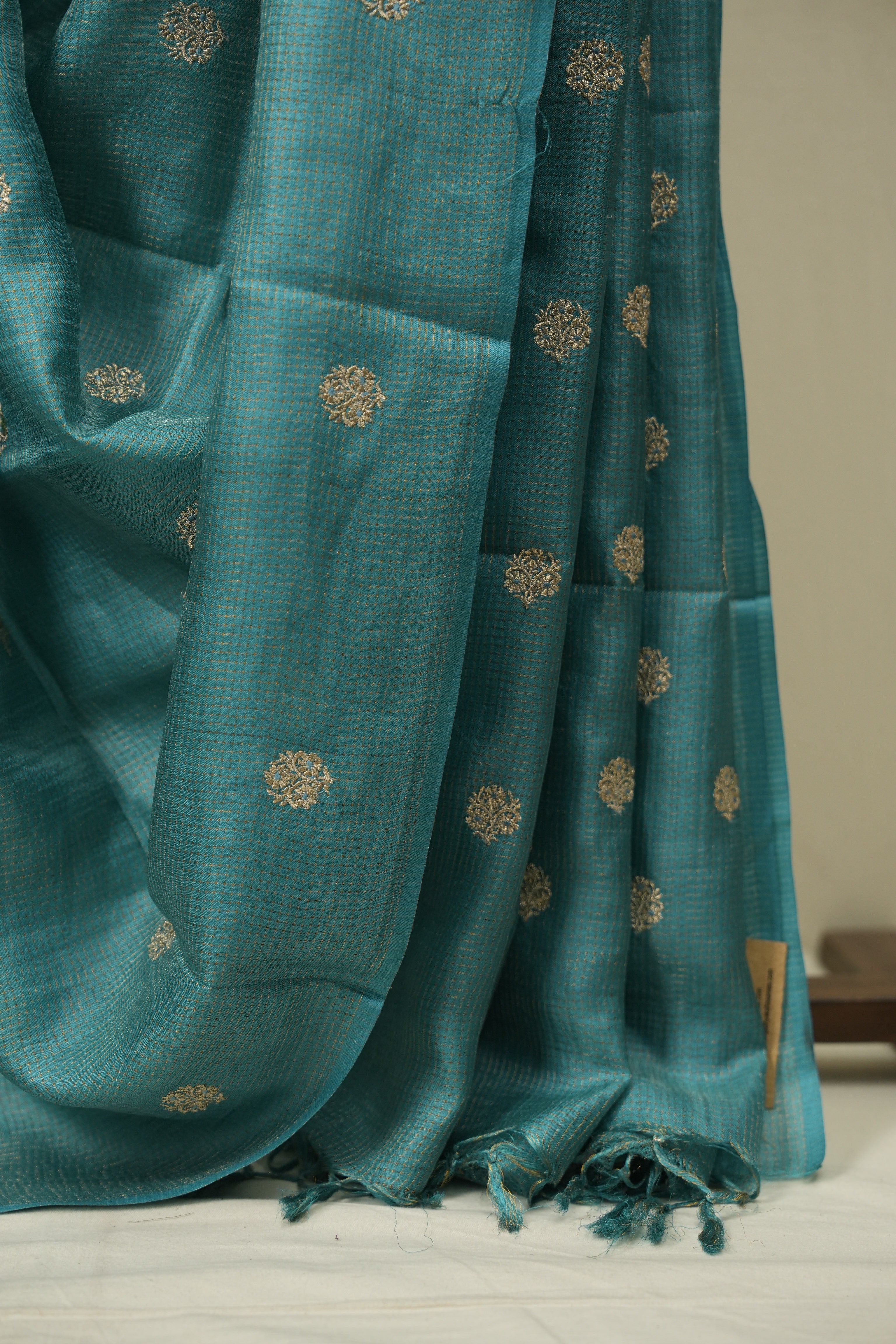 Turquoise Machine Embroidered Tussar Silk Saree - SRTMETSS1557