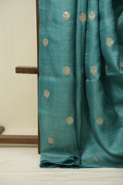 Turquoise Machine Embroidered Tussar Silk Saree - SRTMETSS1557