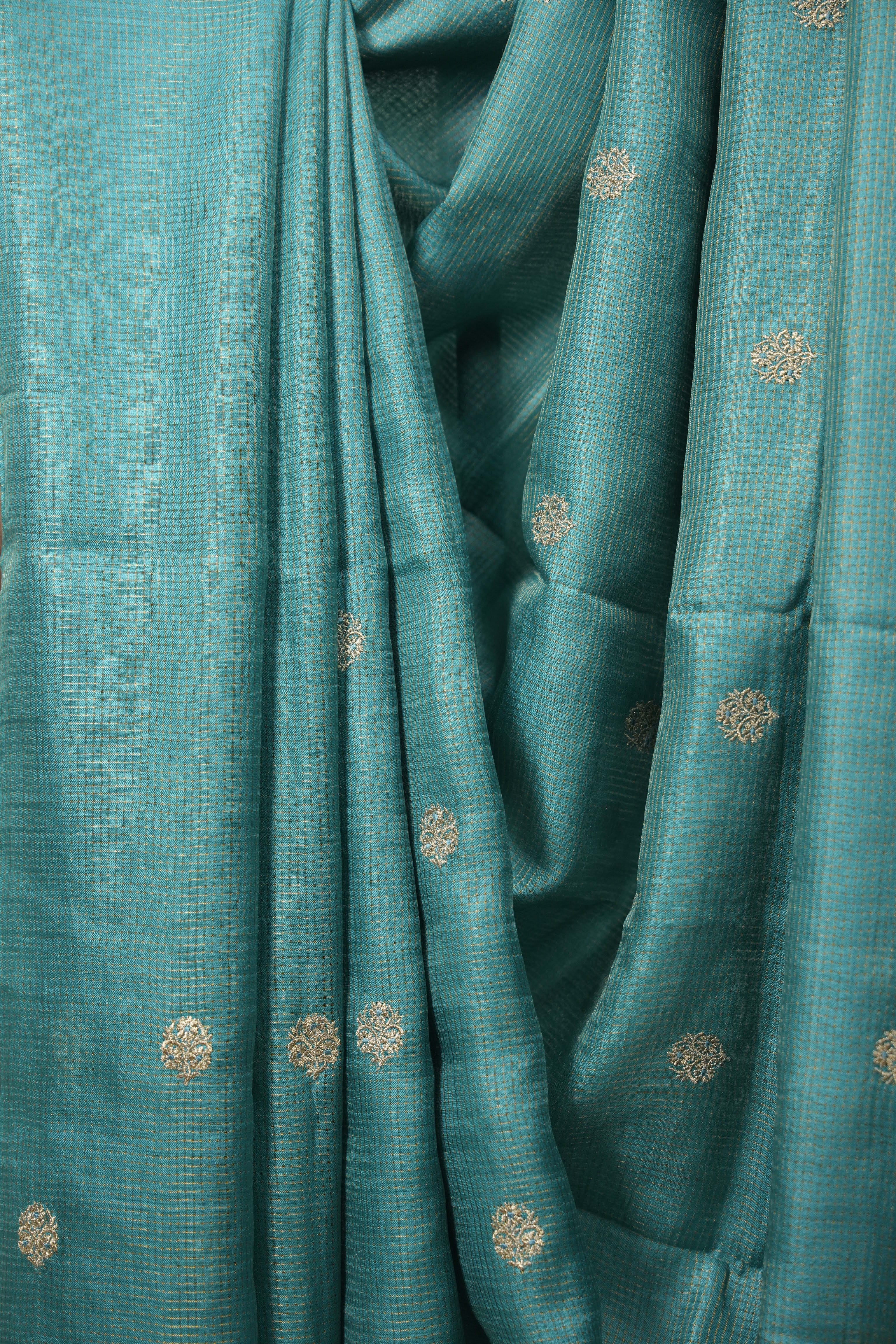 Turquoise Machine Embroidered Tussar Silk Saree - SRTMETSS1557