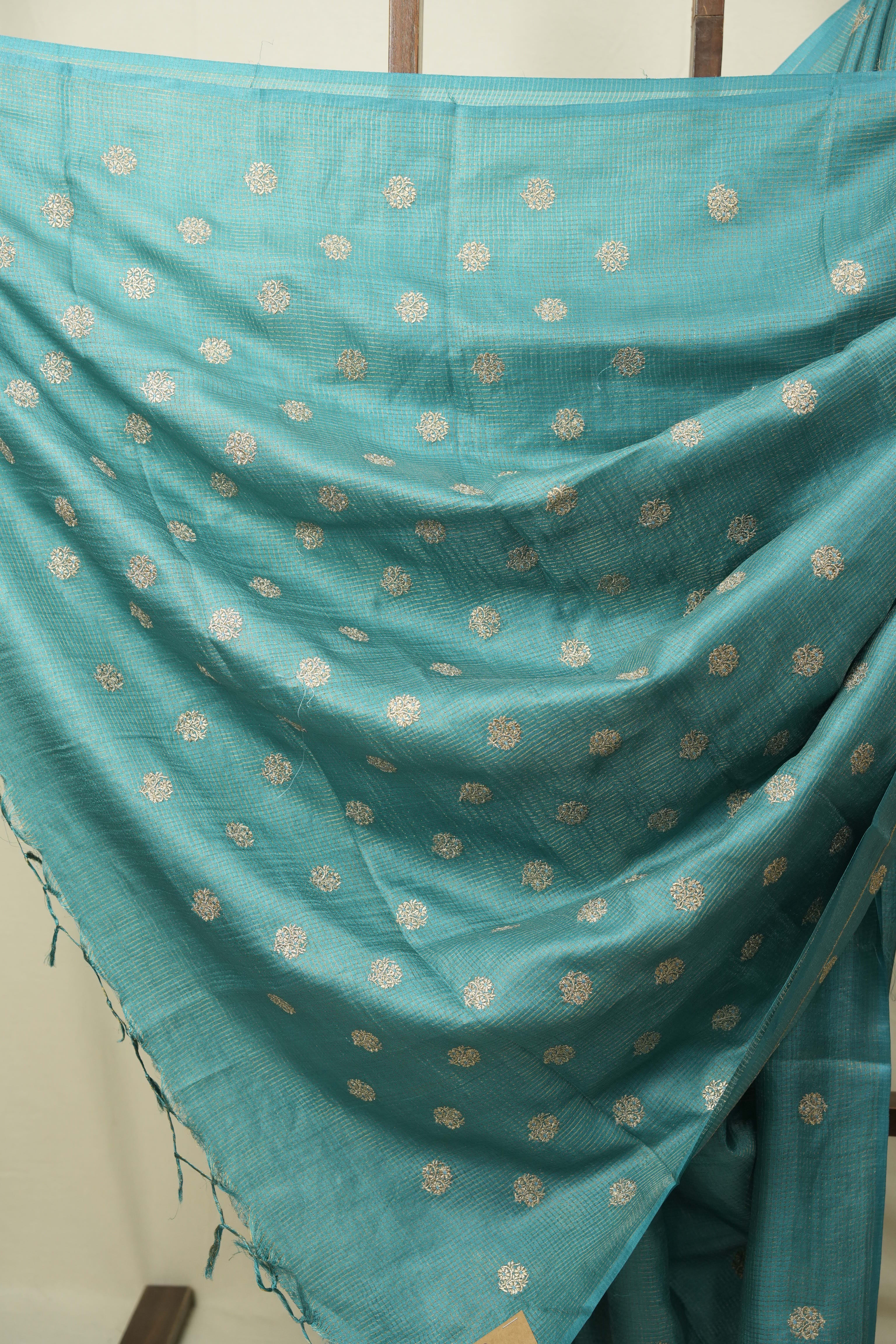 Turquoise Machine Embroidered Tussar Silk Saree - SRTMETSS1557