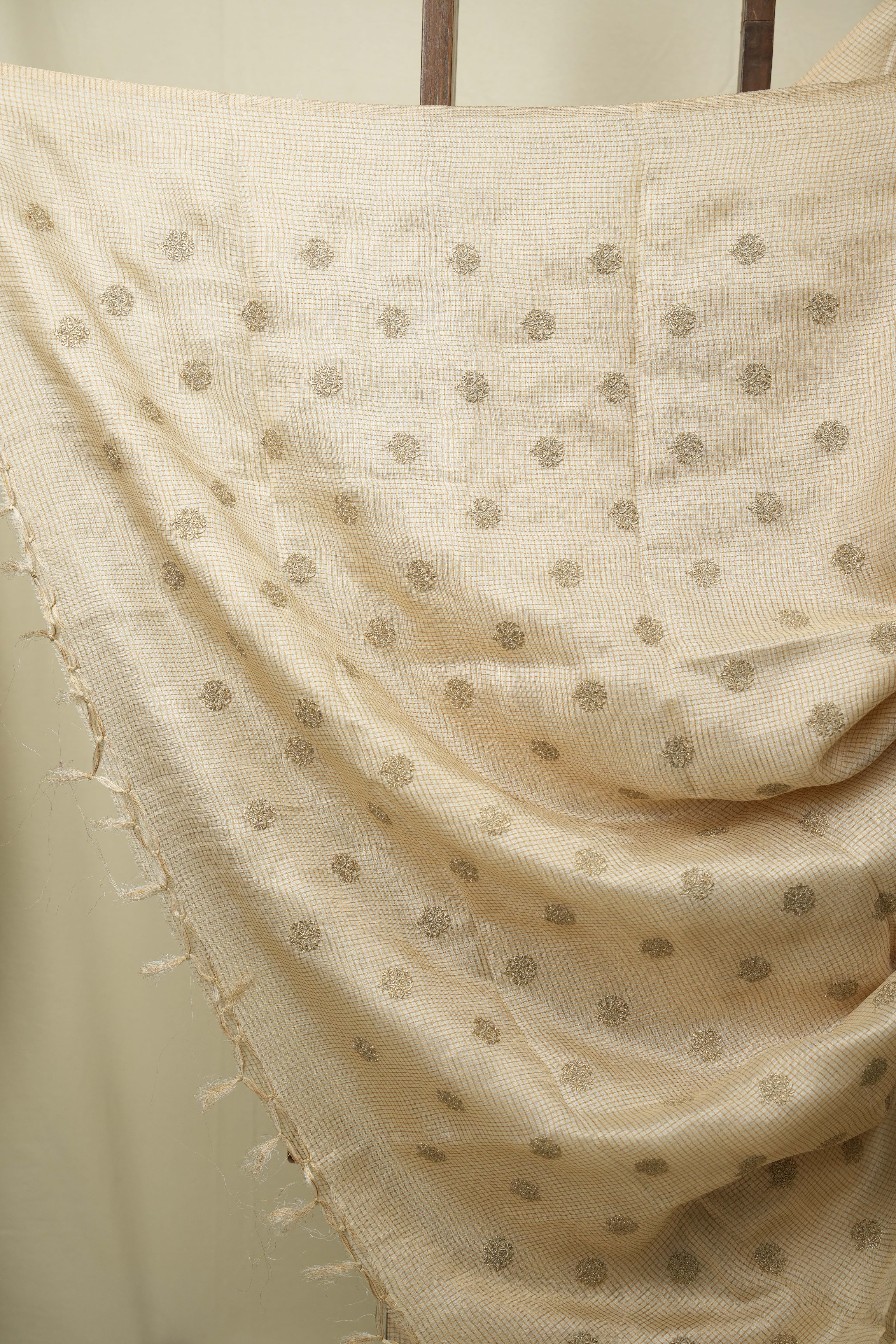Cream Machine Embroidered Tussar Silk Saree - SRCMETSS1554