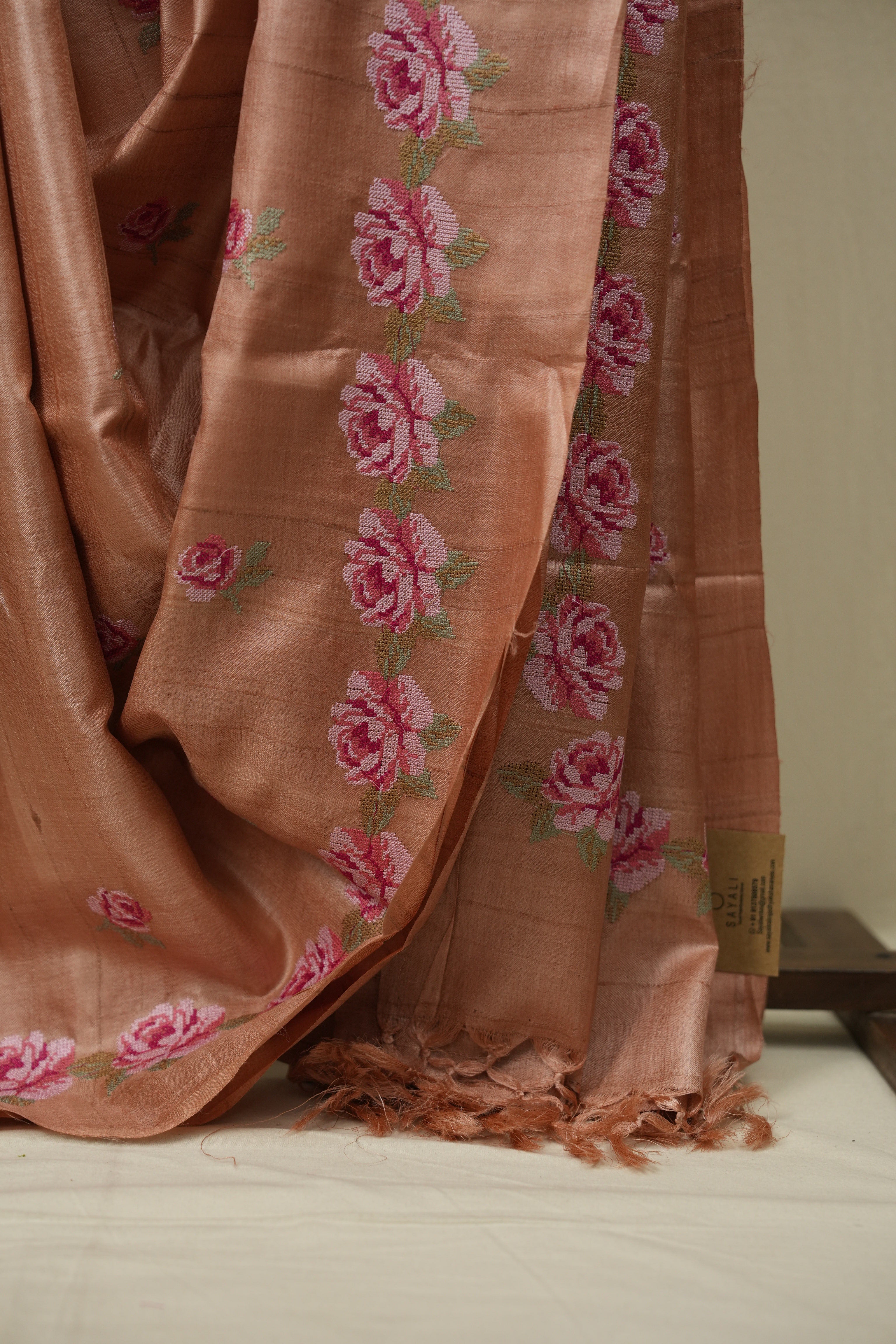 Peach Machine Embroidered Tussar Silk Saree - SRPMETSS1561