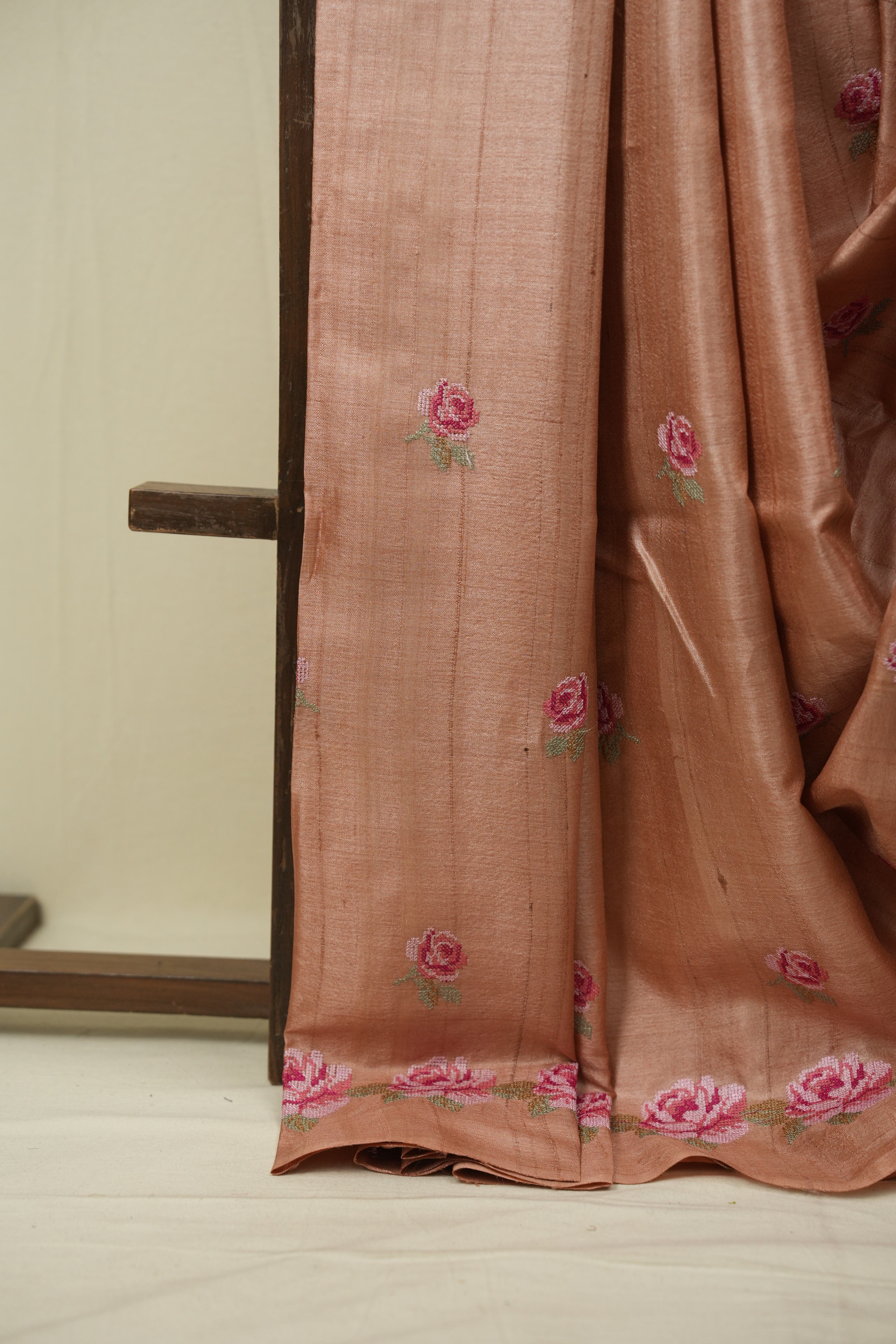 Peach Machine Embroidered Tussar Silk Saree - SRPMETSS1561