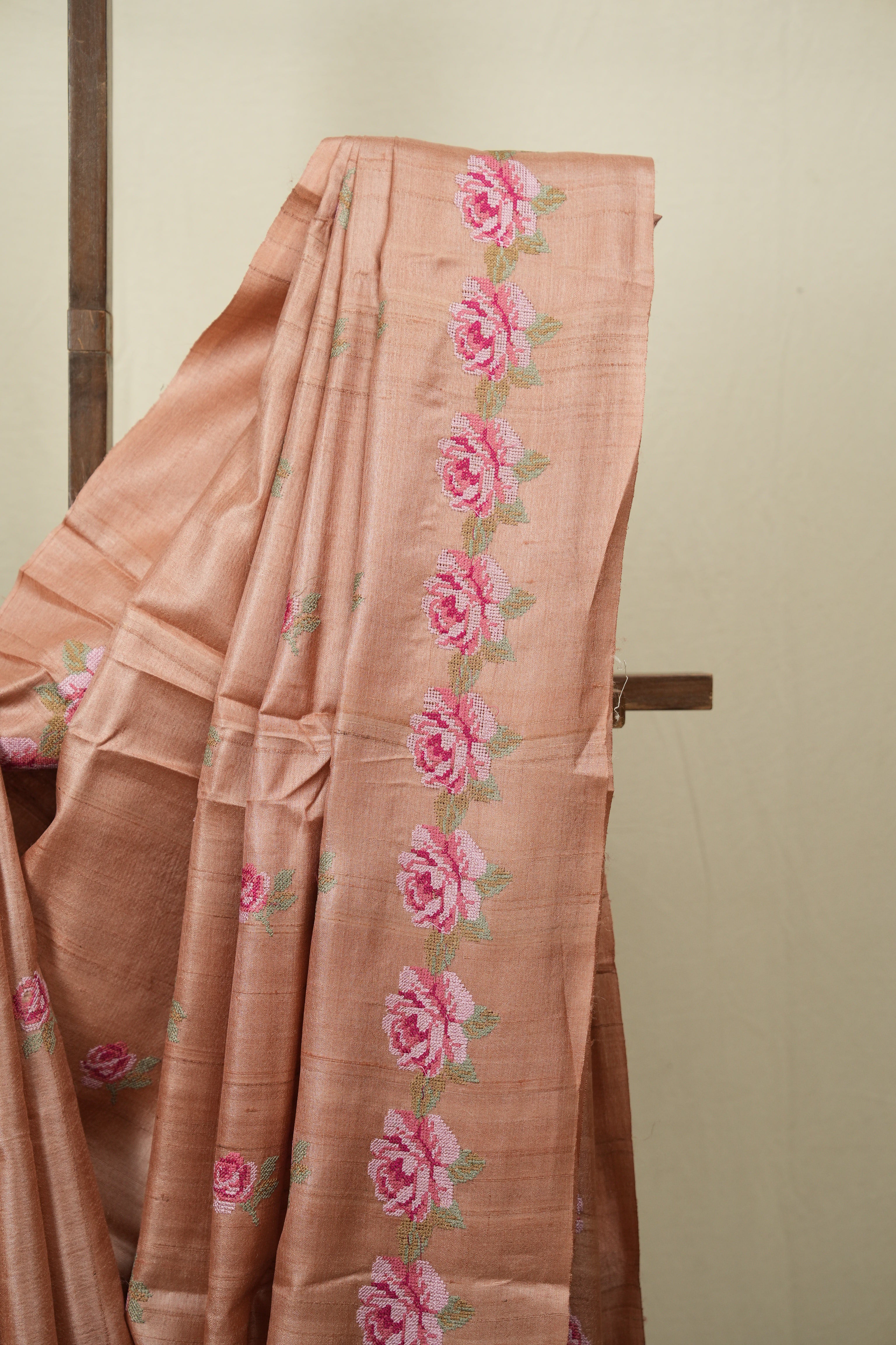 Peach Machine Embroidered Tussar Silk Saree - SRPMETSS1561
