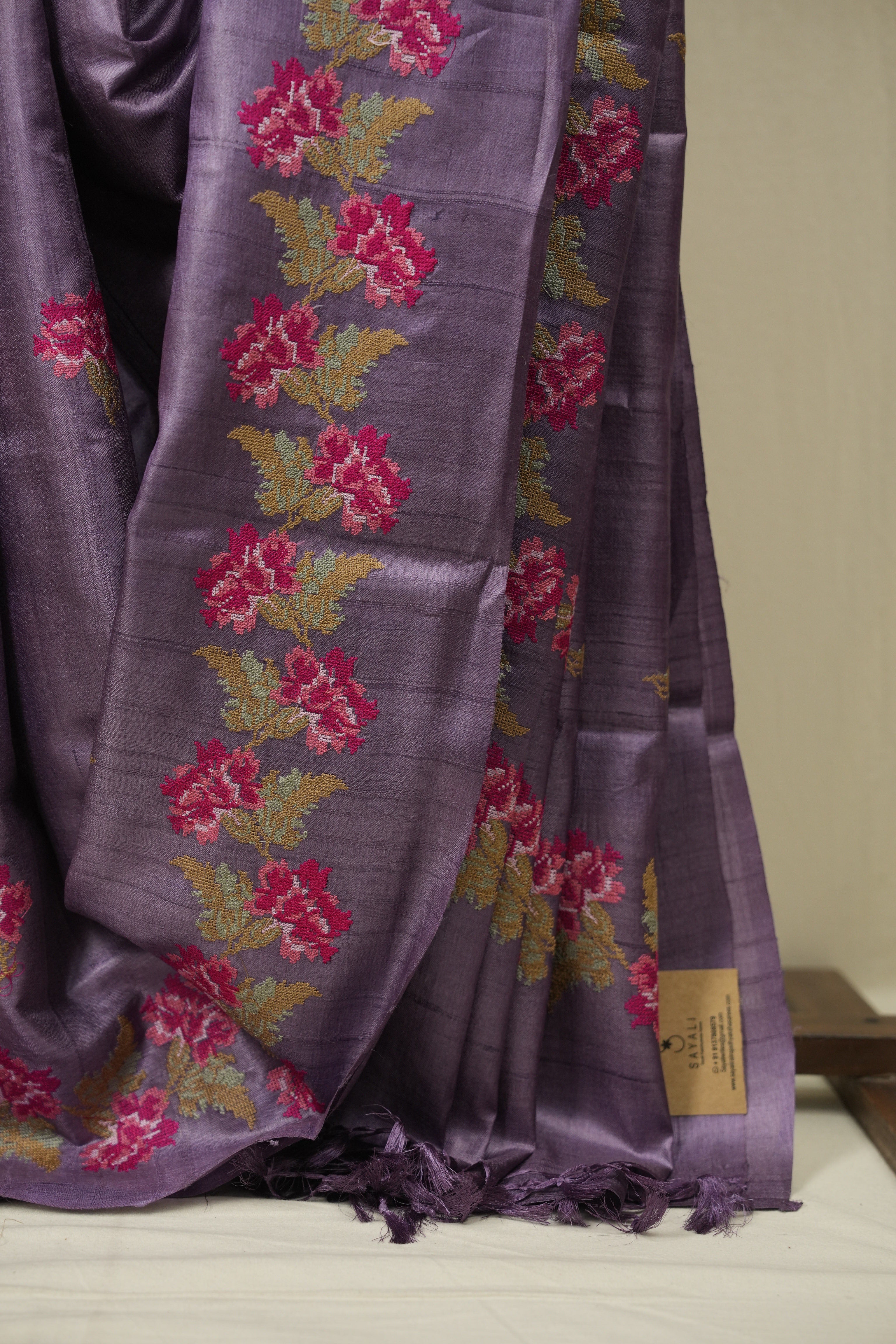 Purple Machine Embroidered Tussar Silk Saree - SRPMETSS1566