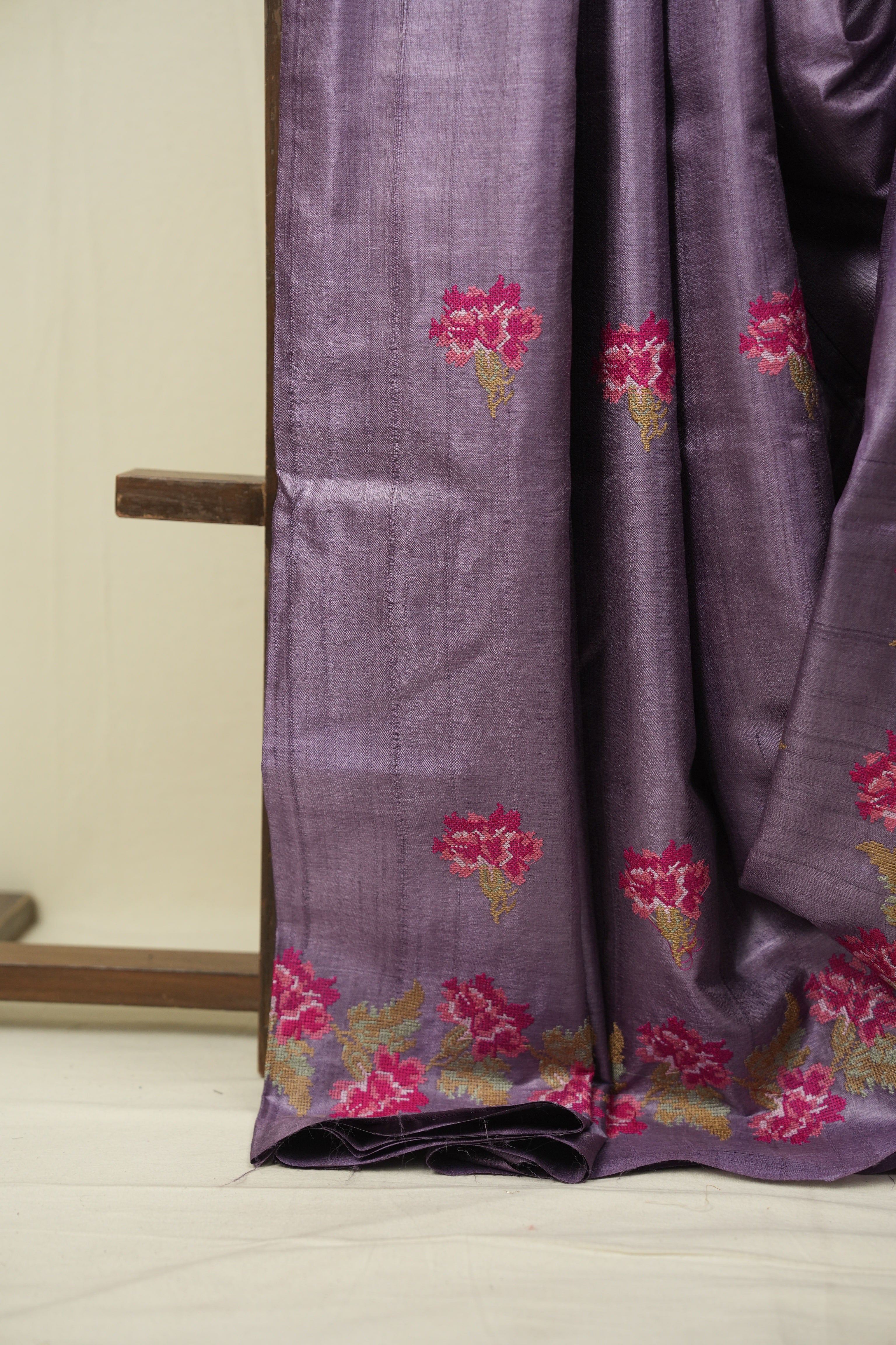Purple Machine Embroidered Tussar Silk Saree - SRPMETSS1566