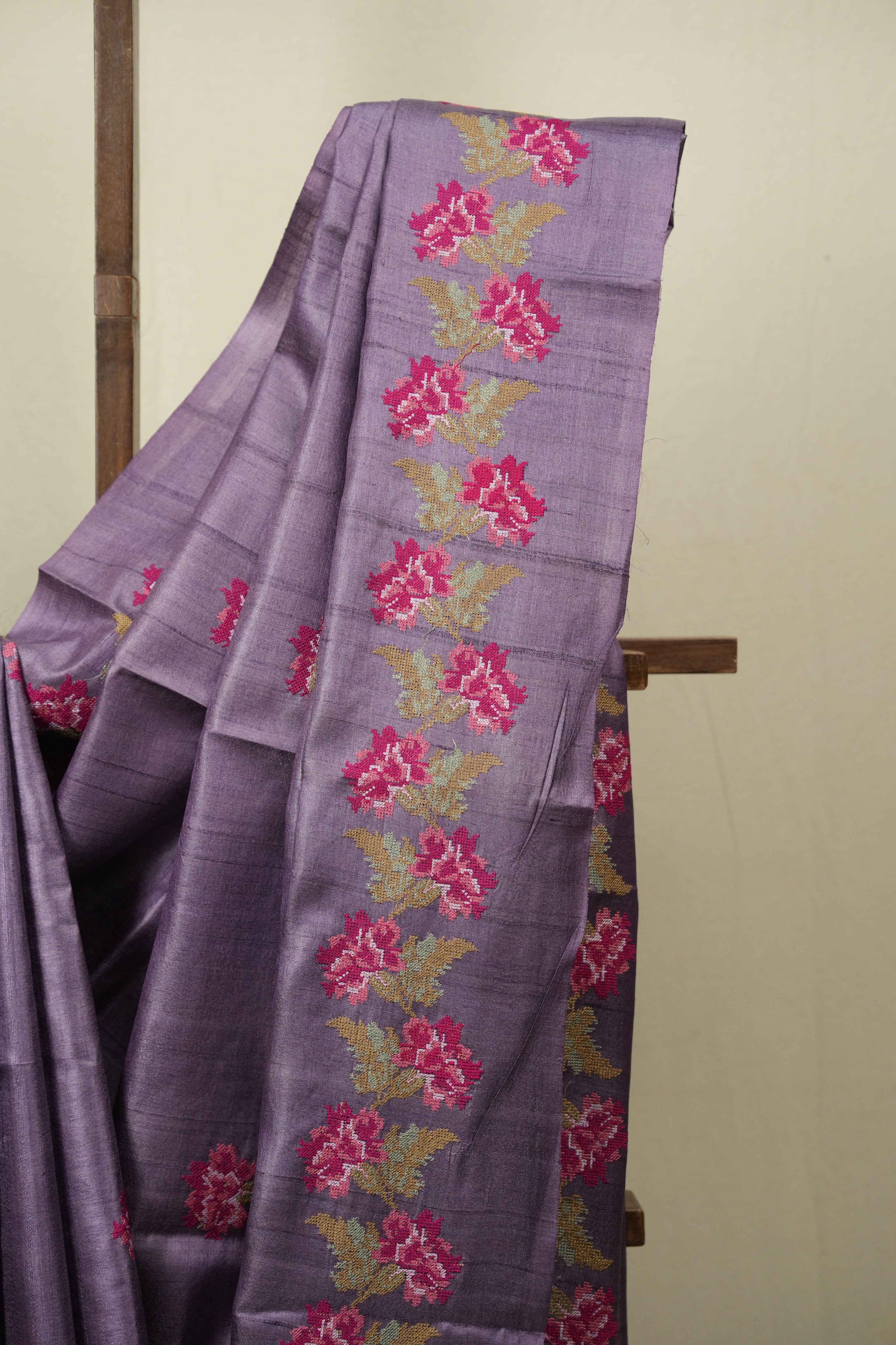 Purple Machine Embroidered Tussar Silk Saree - SRPMETSS1566