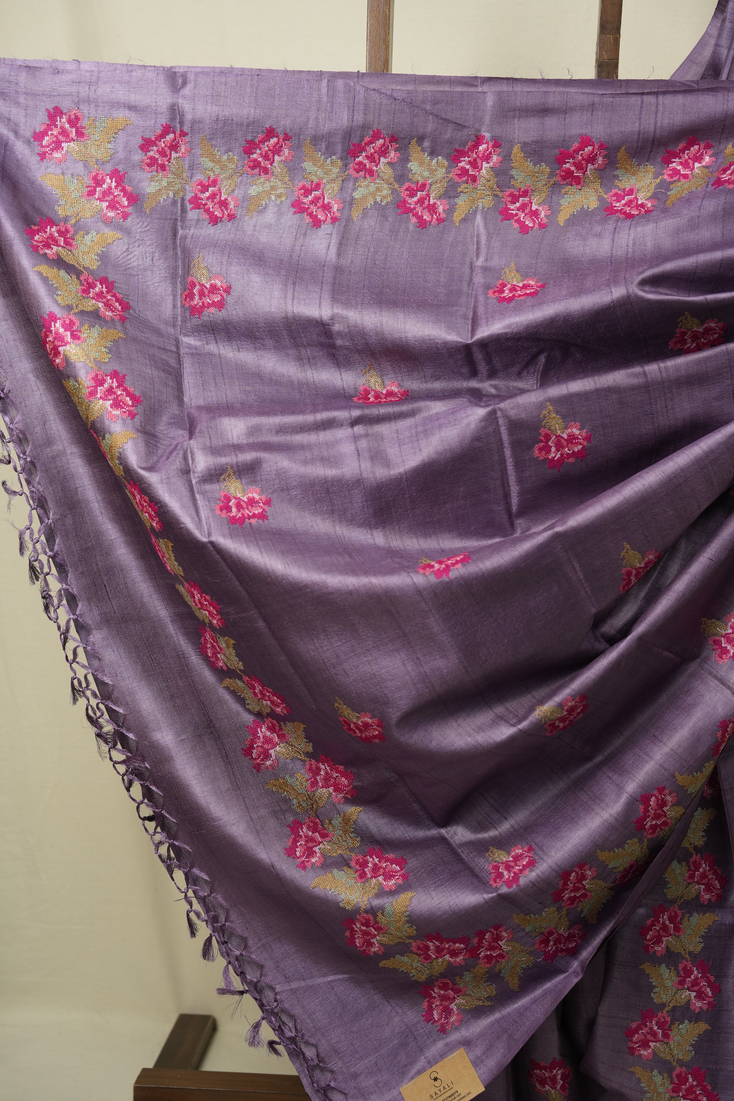 Purple Machine Embroidered Tussar Silk Saree - SRPMETSS1566