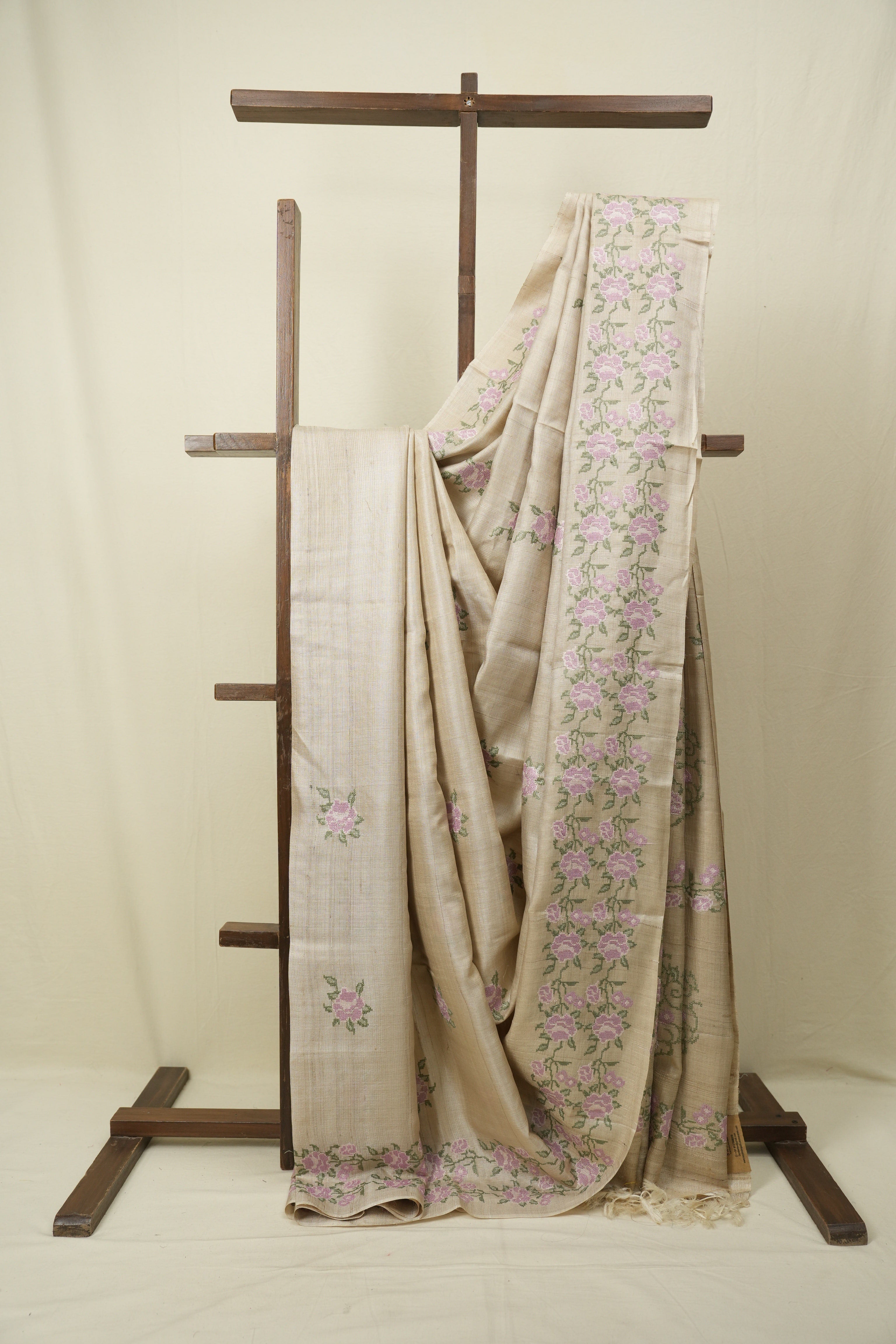 White Machine Embroidered Tussar Silk Saree - SRWMETSS1562