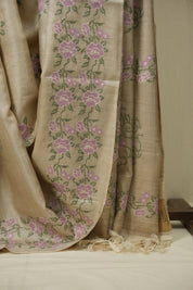 White Machine Embroidered Tussar Silk Saree - SRWMETSS1562