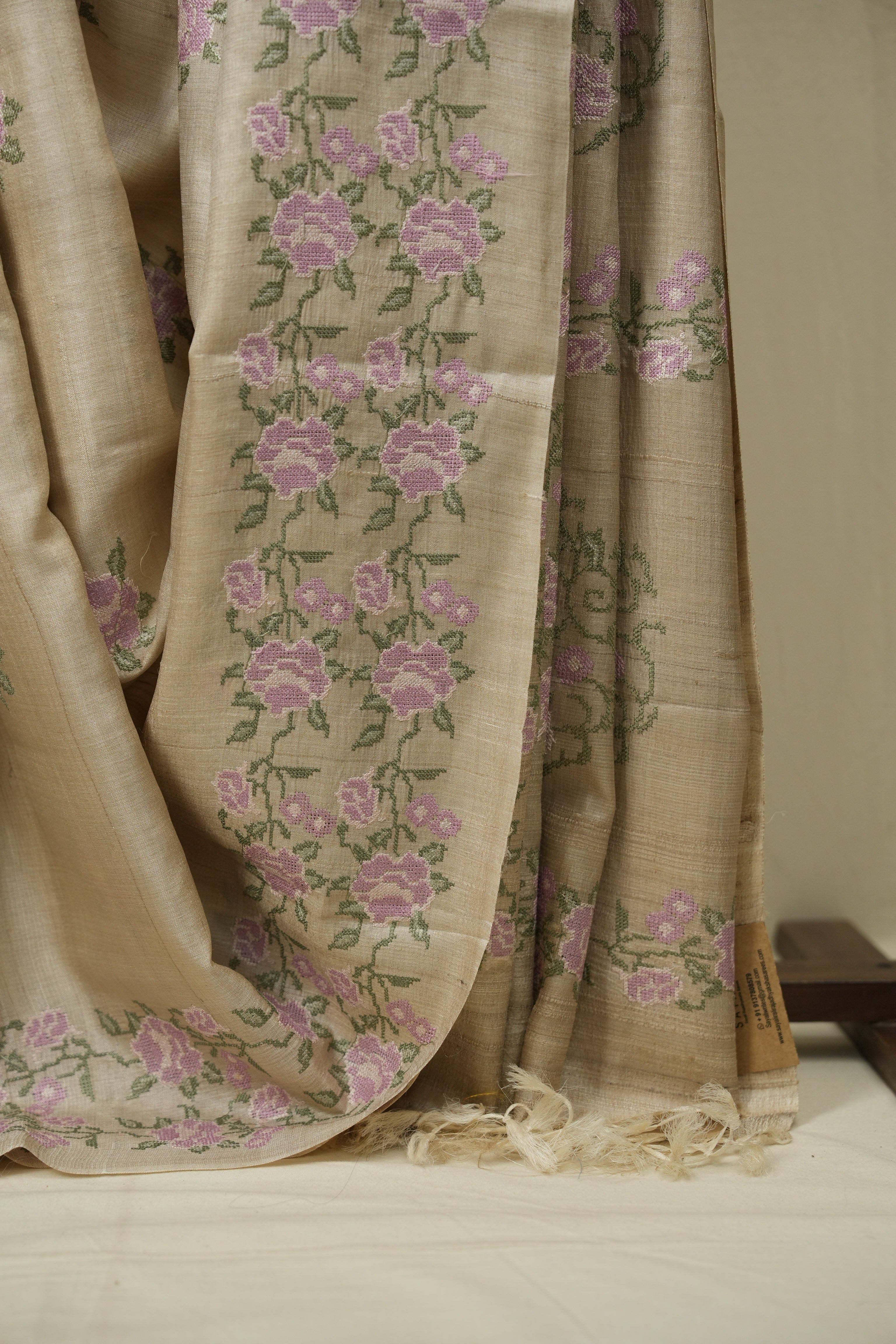 White Machine Embroidered Tussar Silk Saree - SRWMETSS1562