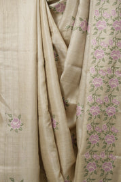 White Machine Embroidered Tussar Silk Saree - SRWMETSS1562