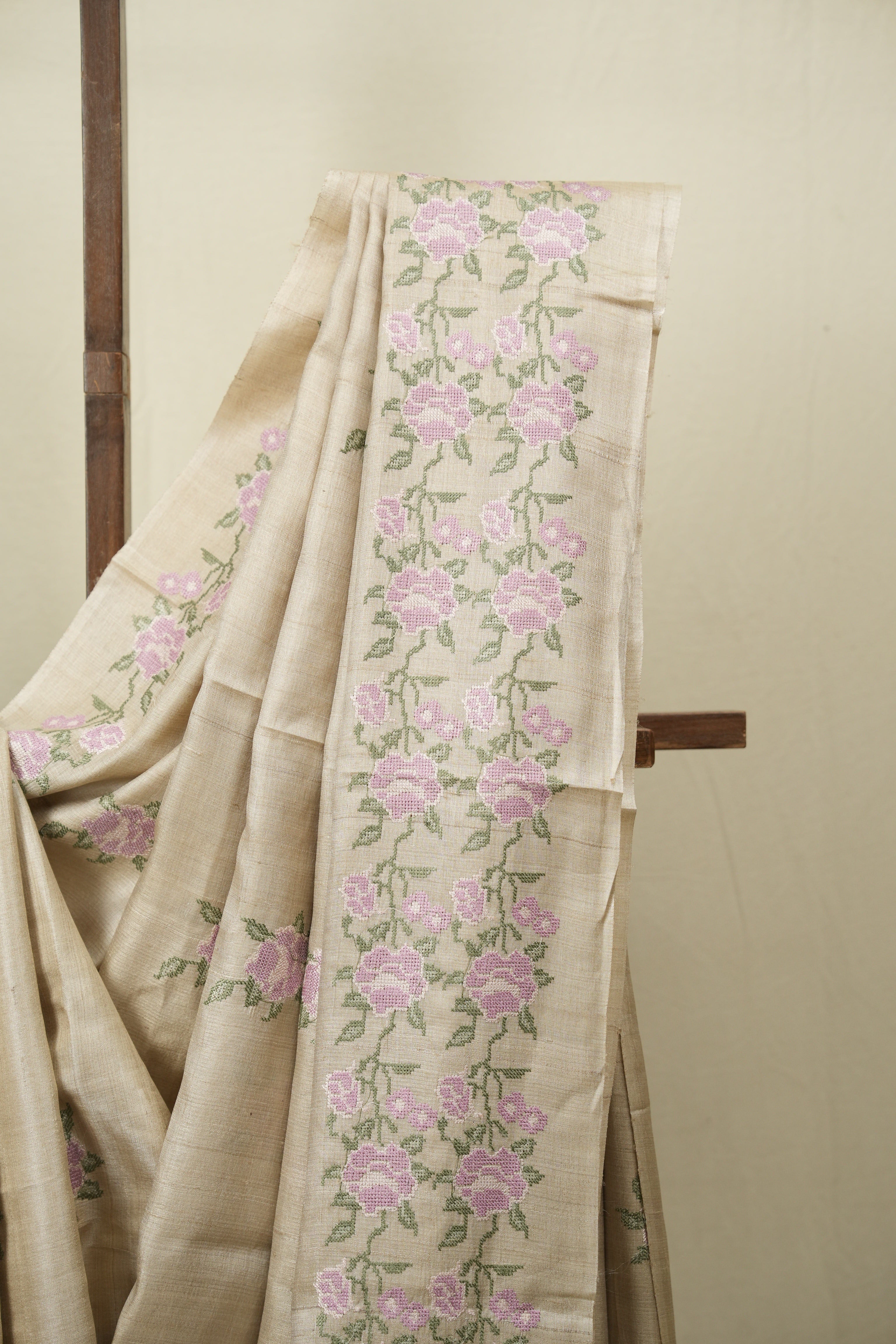 White Machine Embroidered Tussar Silk Saree - SRWMETSS1562