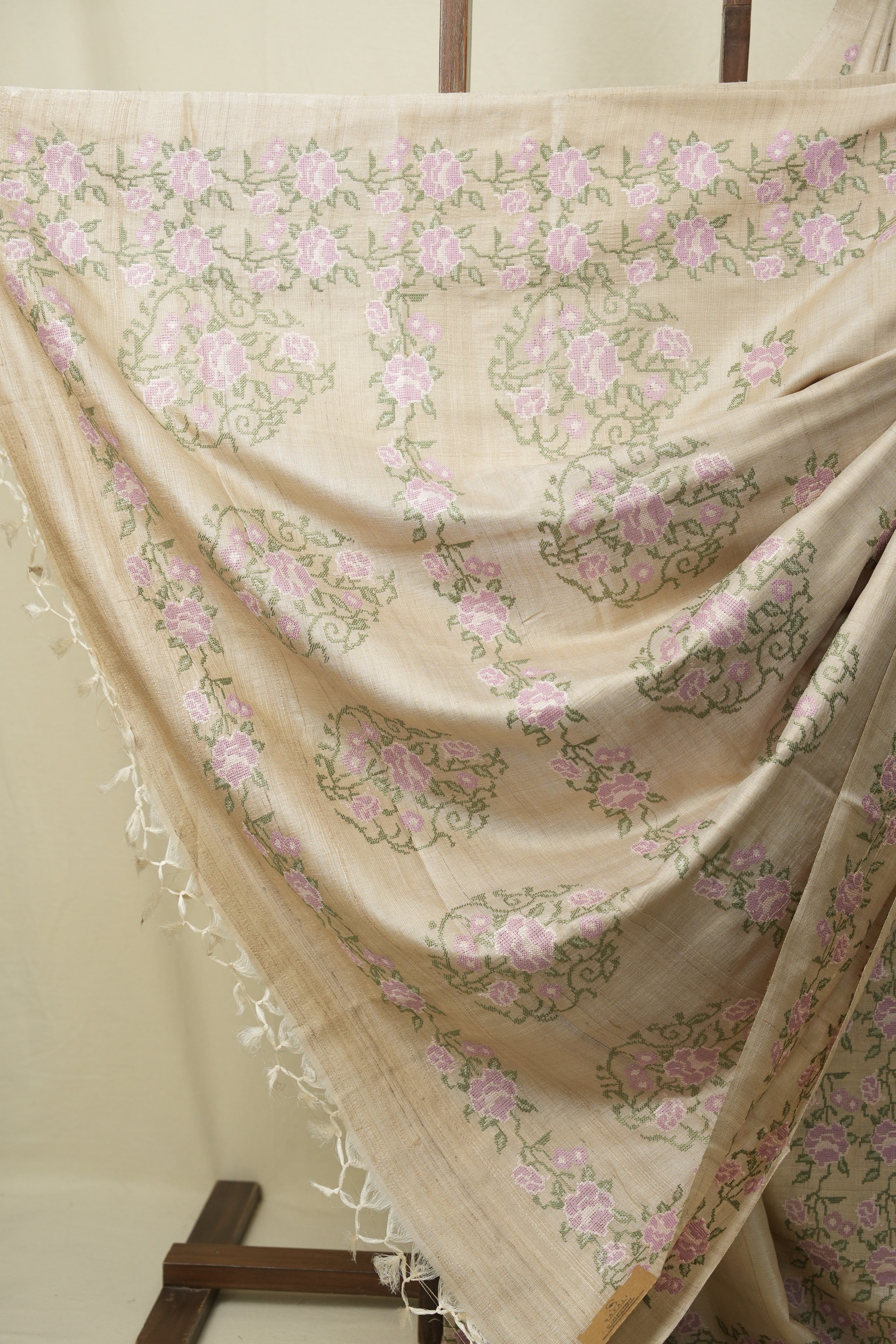 White Machine Embroidered Tussar Silk Saree - SRWMETSS1562