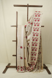 Cream Machine Embroidered Tussar Silk Saree - SRCMETSS1567