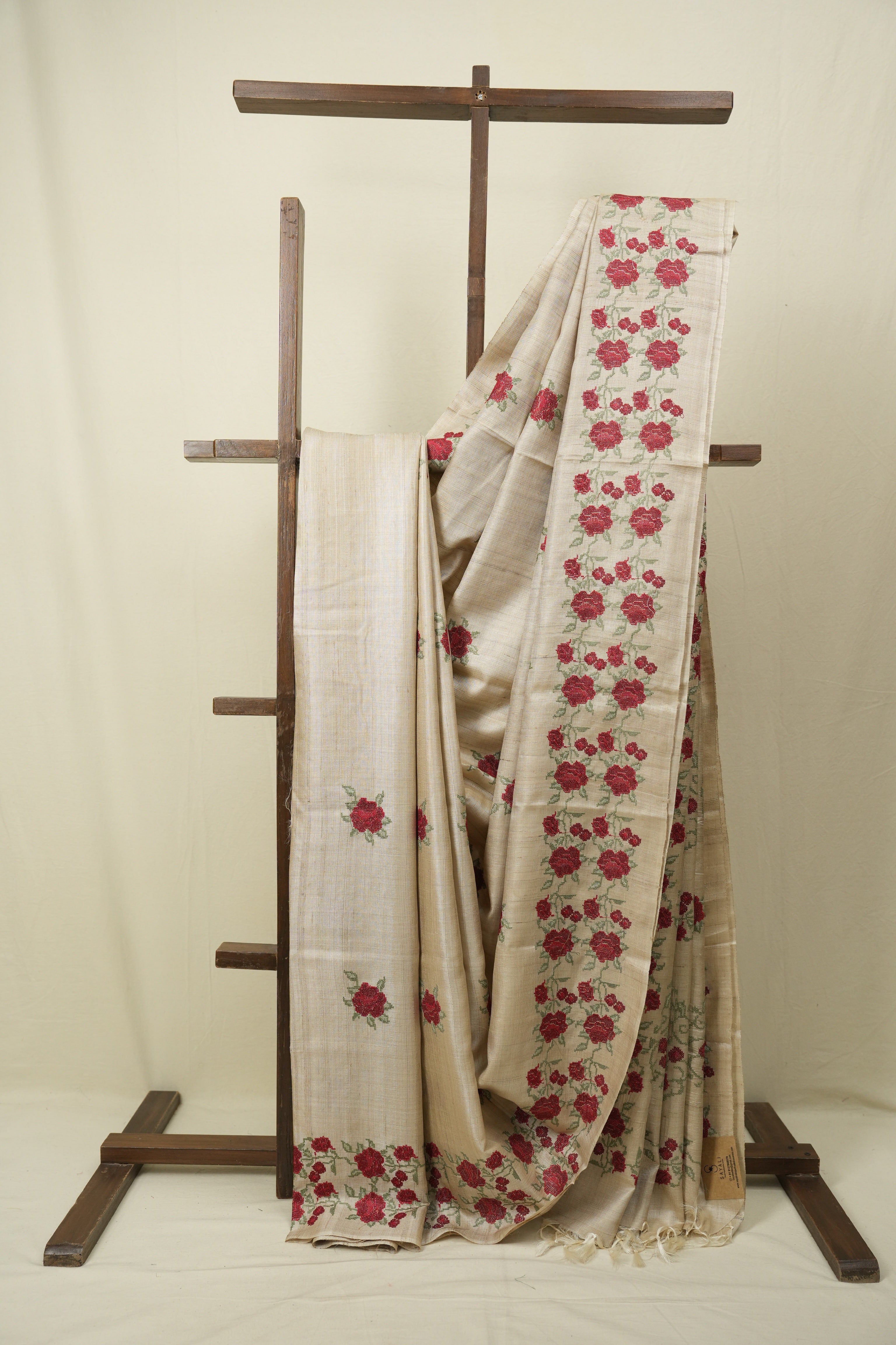 Cream Machine Embroidered Tussar Silk Saree - SRCMETSS1567