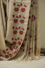 Cream Machine Embroidered Tussar Silk Saree - SRCMETSS1567