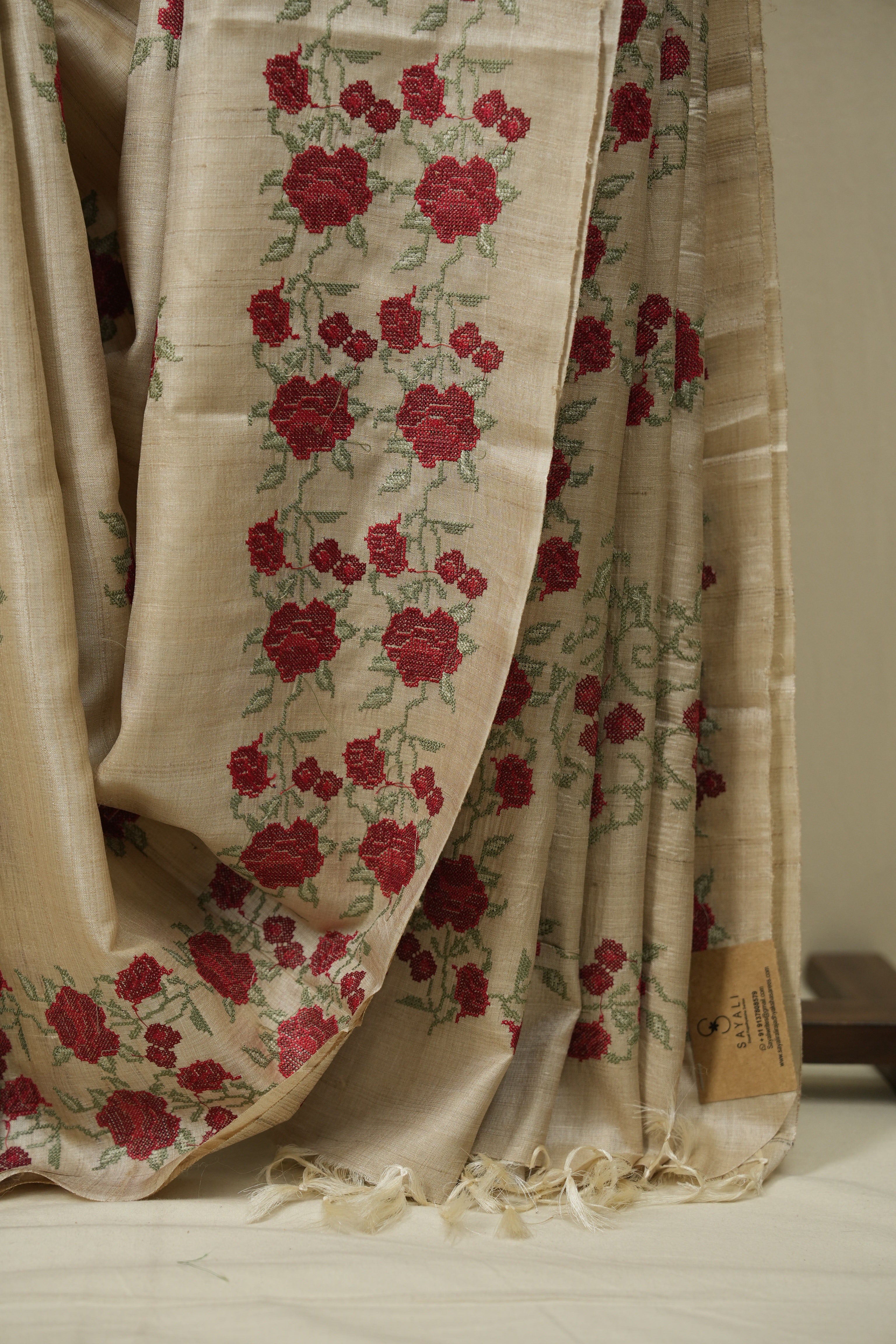 Cream Machine Embroidered Tussar Silk Saree - SRCMETSS1567