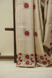 Cream Machine Embroidered Tussar Silk Saree - SRCMETSS1567