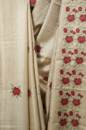 Cream Machine Embroidered Tussar Silk Saree - SRCMETSS1567