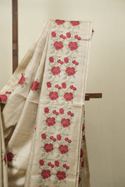 Cream Machine Embroidered Tussar Silk Saree - SRCMETSS1567