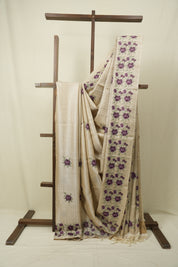 Off White Machine Embroidered Tussar Silk Saree - SROWMETSS1565