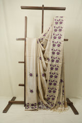 Off White Machine Embroidered Tussar Silk Saree - SROWMETSS1565