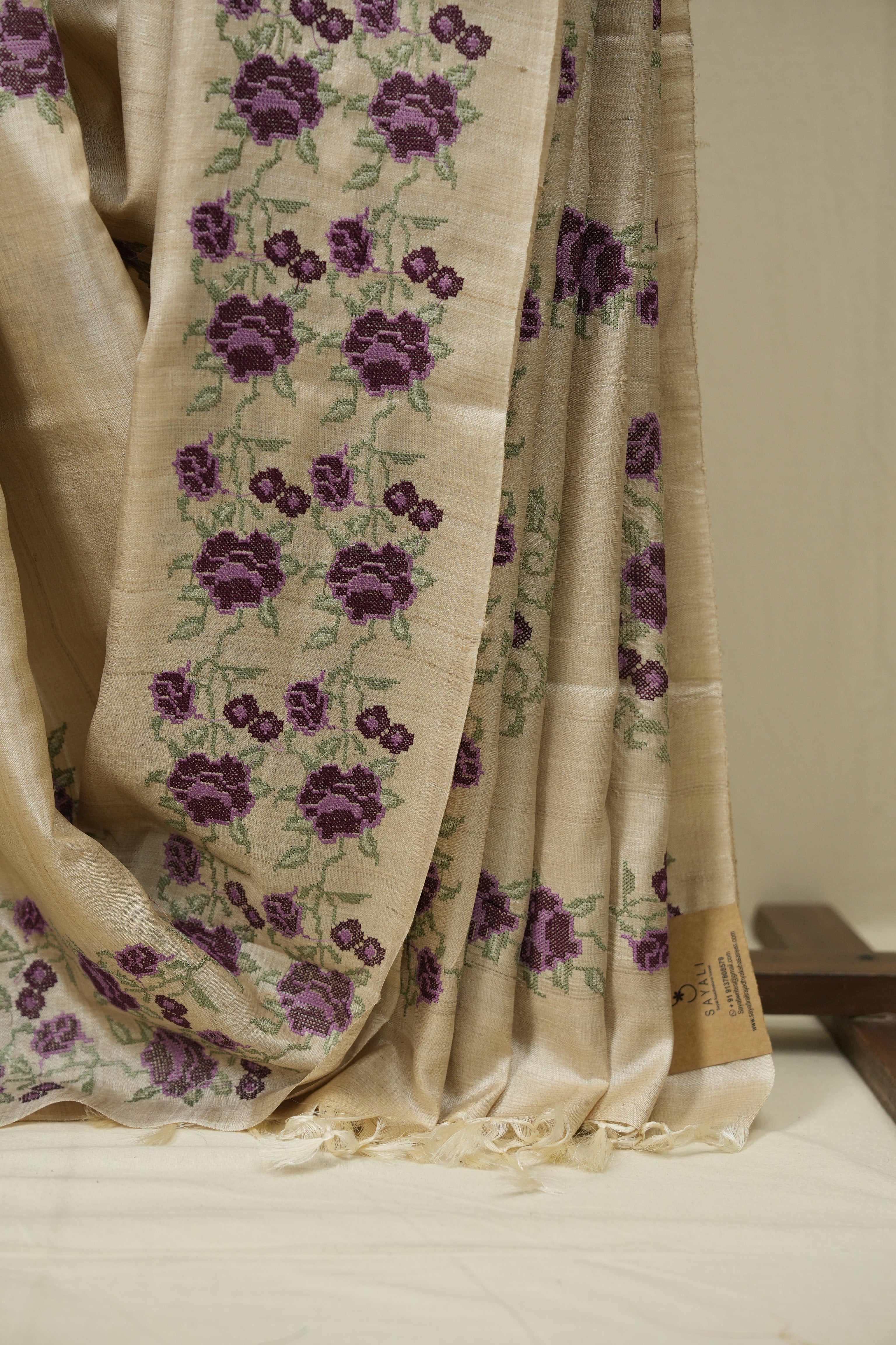 Off White Machine Embroidered Tussar Silk Saree - SROWMETSS1565