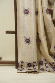 Off White Machine Embroidered Tussar Silk Saree - SROWMETSS1565