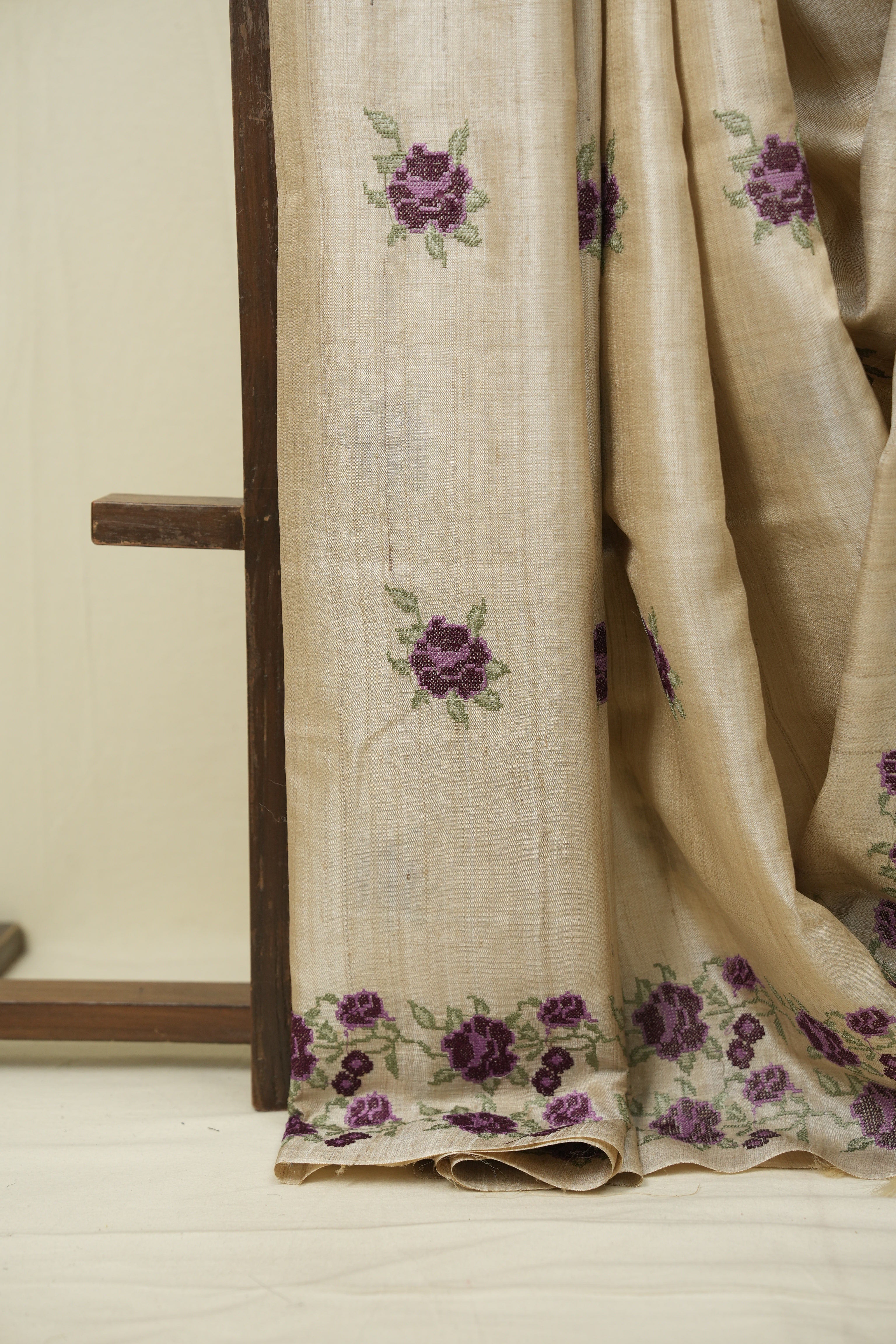Off White Machine Embroidered Tussar Silk Saree - SROWMETSS1565