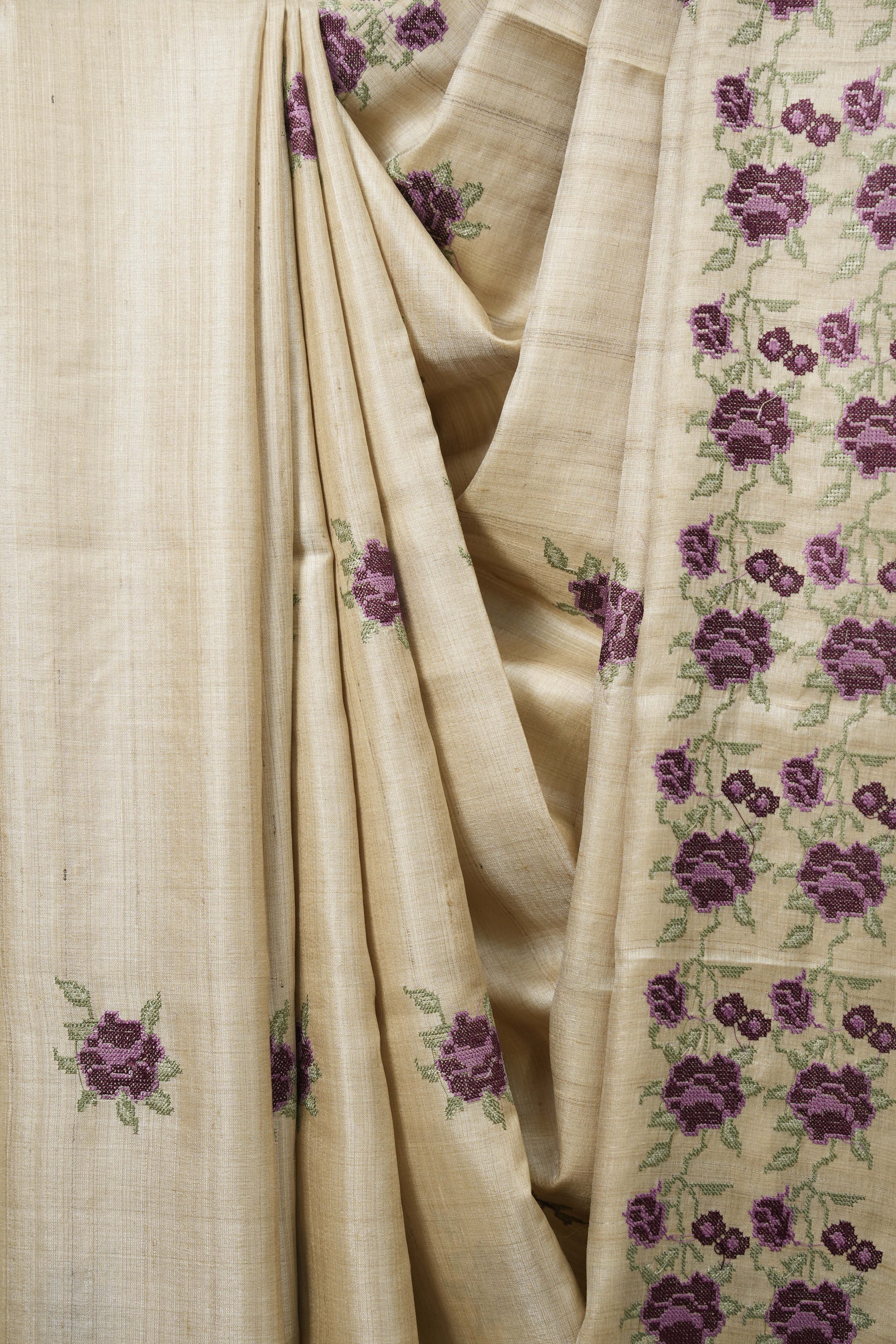 Off White Machine Embroidered Tussar Silk Saree - SROWMETSS1565