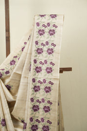 Off White Machine Embroidered Tussar Silk Saree - SROWMETSS1565