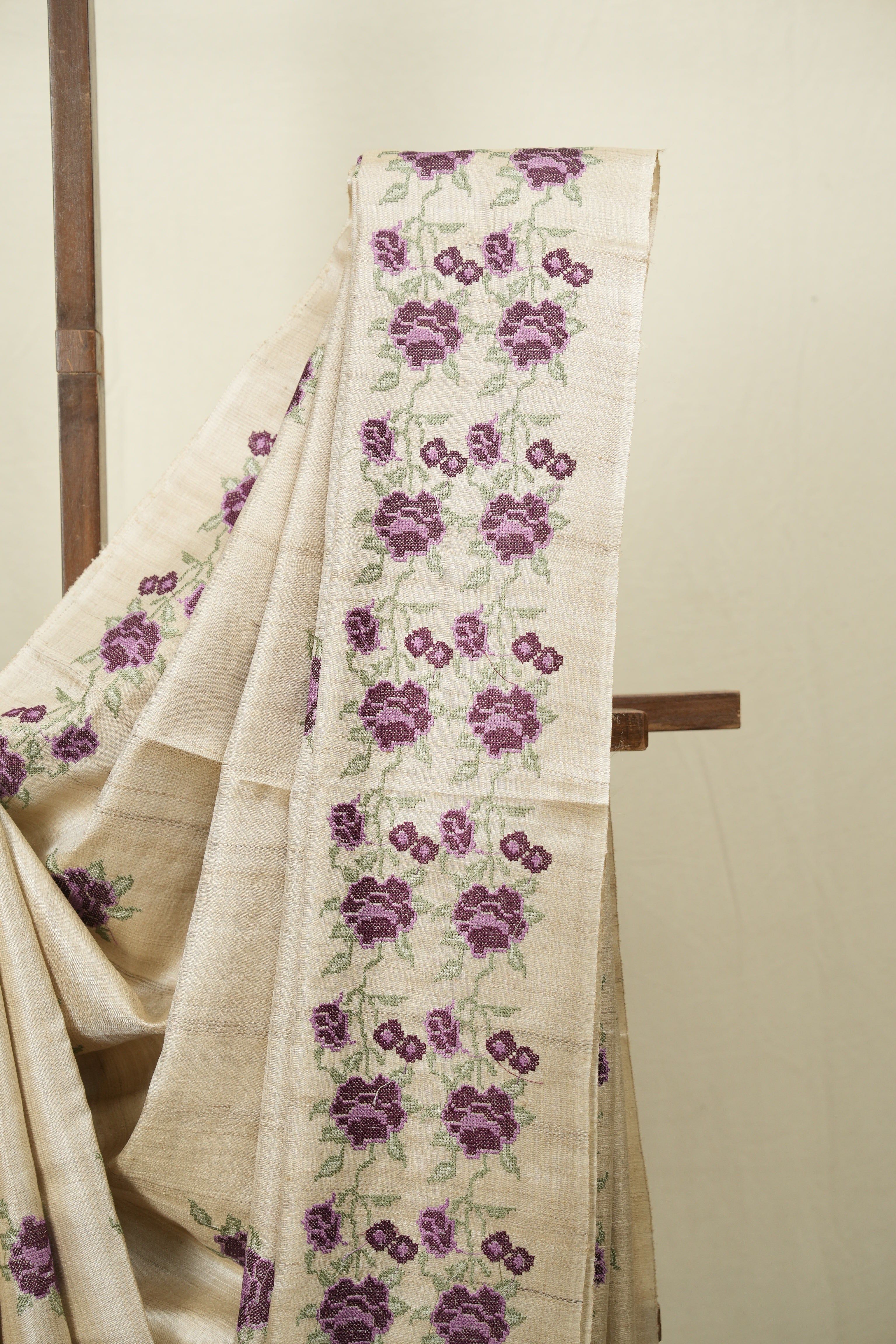 Off White Machine Embroidered Tussar Silk Saree - SROWMETSS1565