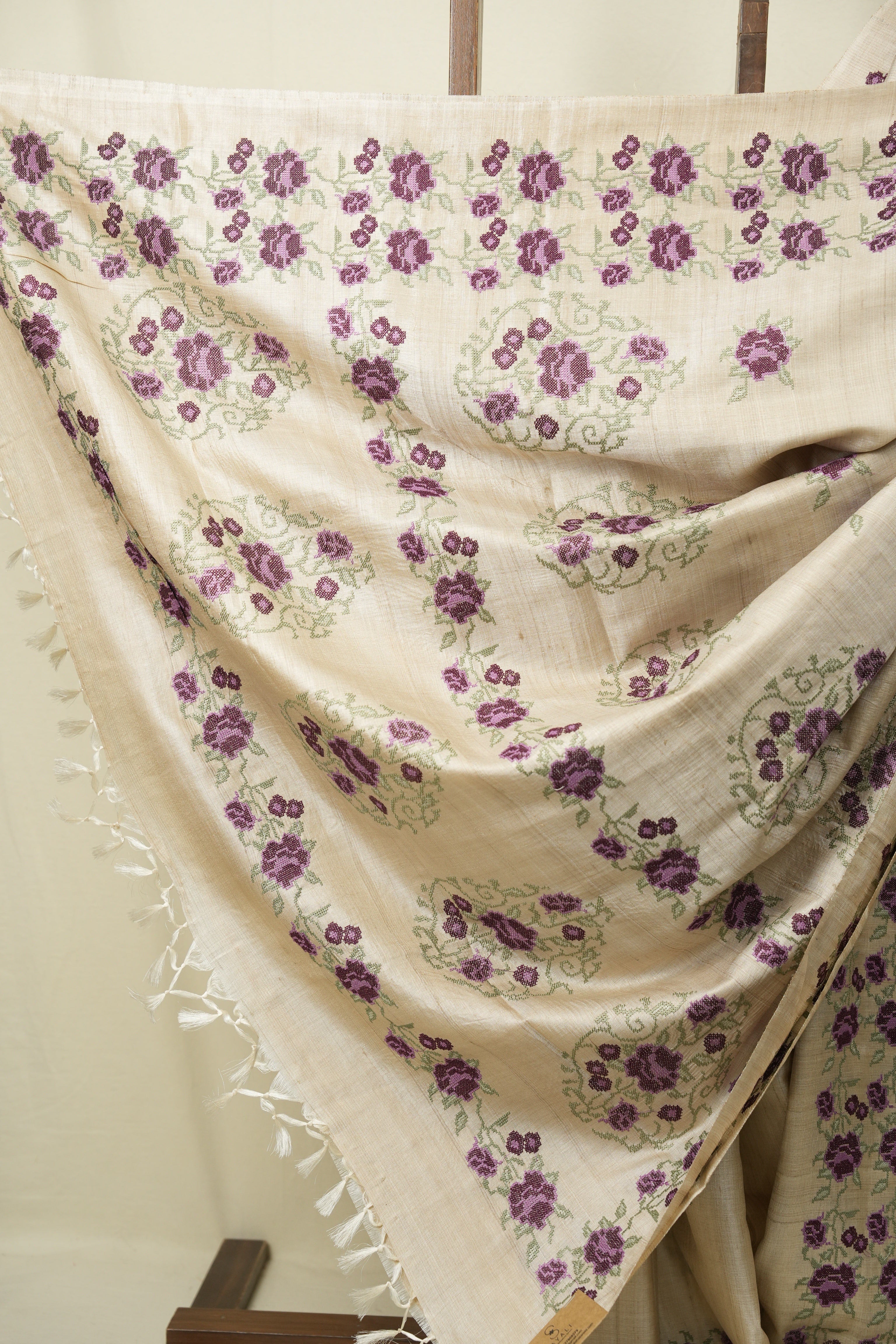 Off White Machine Embroidered Tussar Silk Saree - SROWMETSS1565