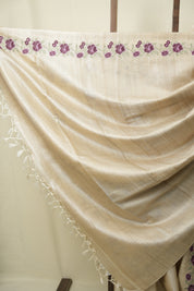 Off White Machine Embroidered Tussar Silk Saree - SROWMETSS1565