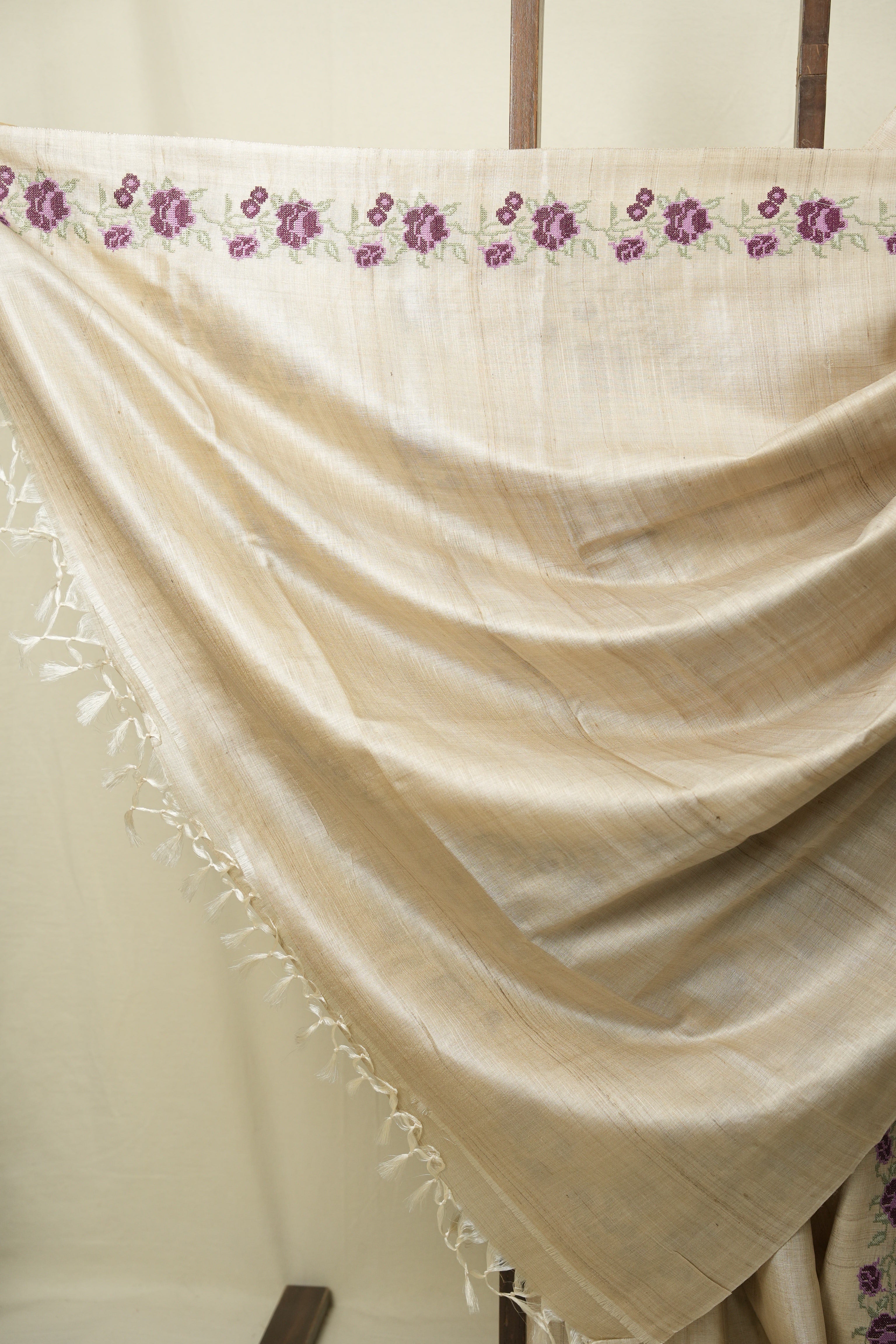 Off White Machine Embroidered Tussar Silk Saree - SROWMETSS1565