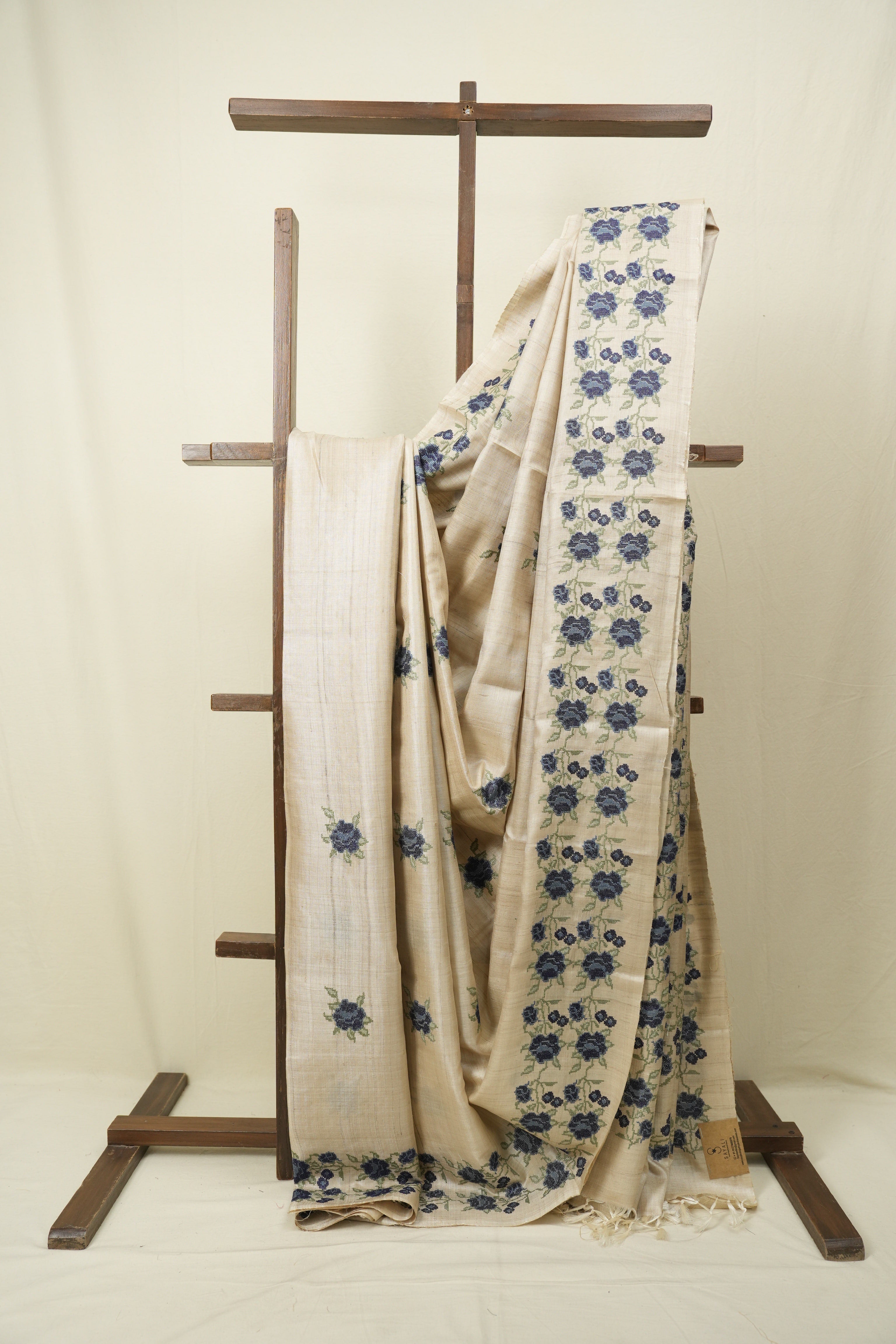 Off White Machine Embroidered Tussar Silk Saree - SROWMETSS1575