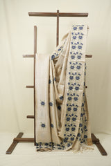 Off White Machine Embroidered Tussar Silk Saree - SROWMETSS1575