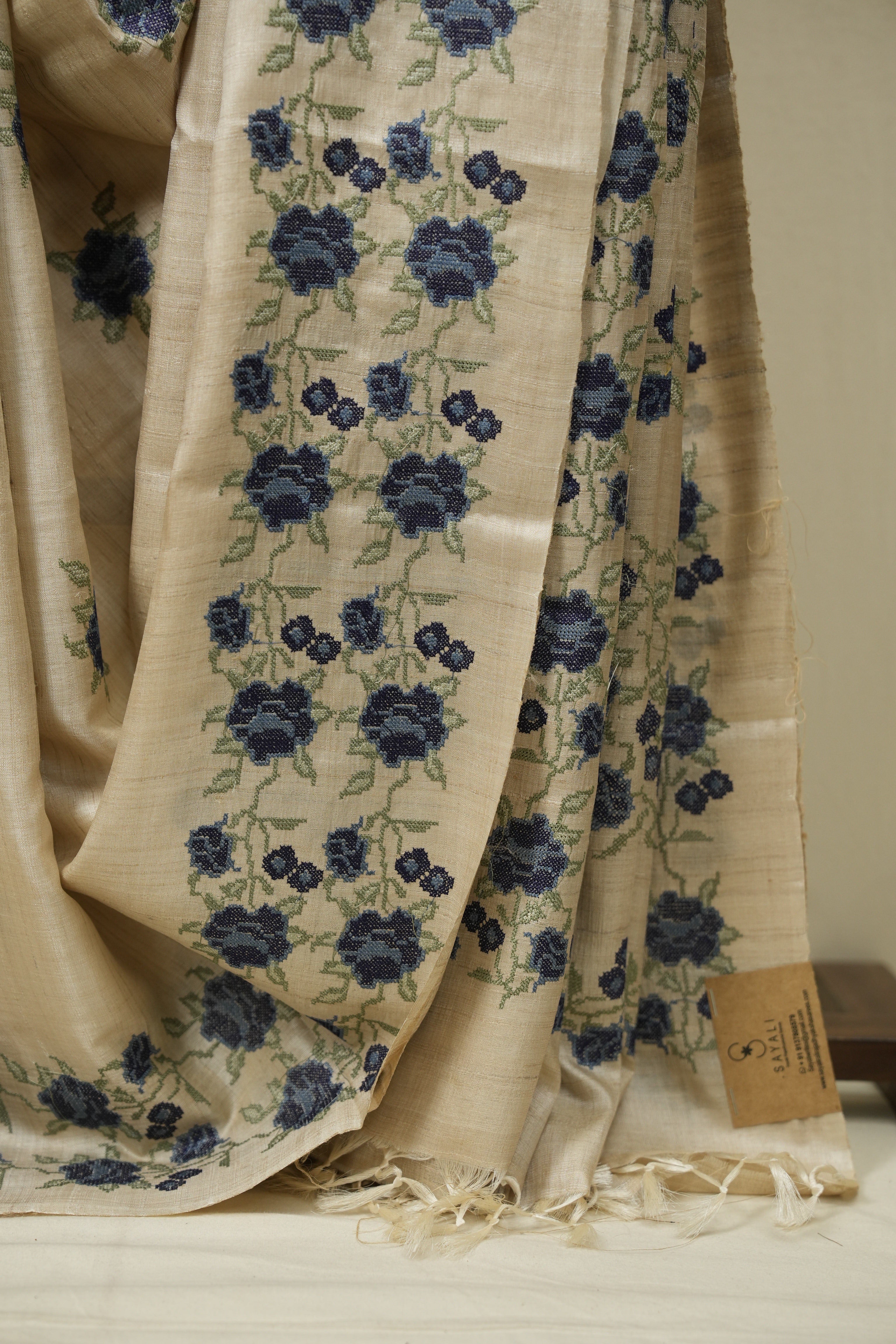 Off White Machine Embroidered Tussar Silk Saree - SROWMETSS1575