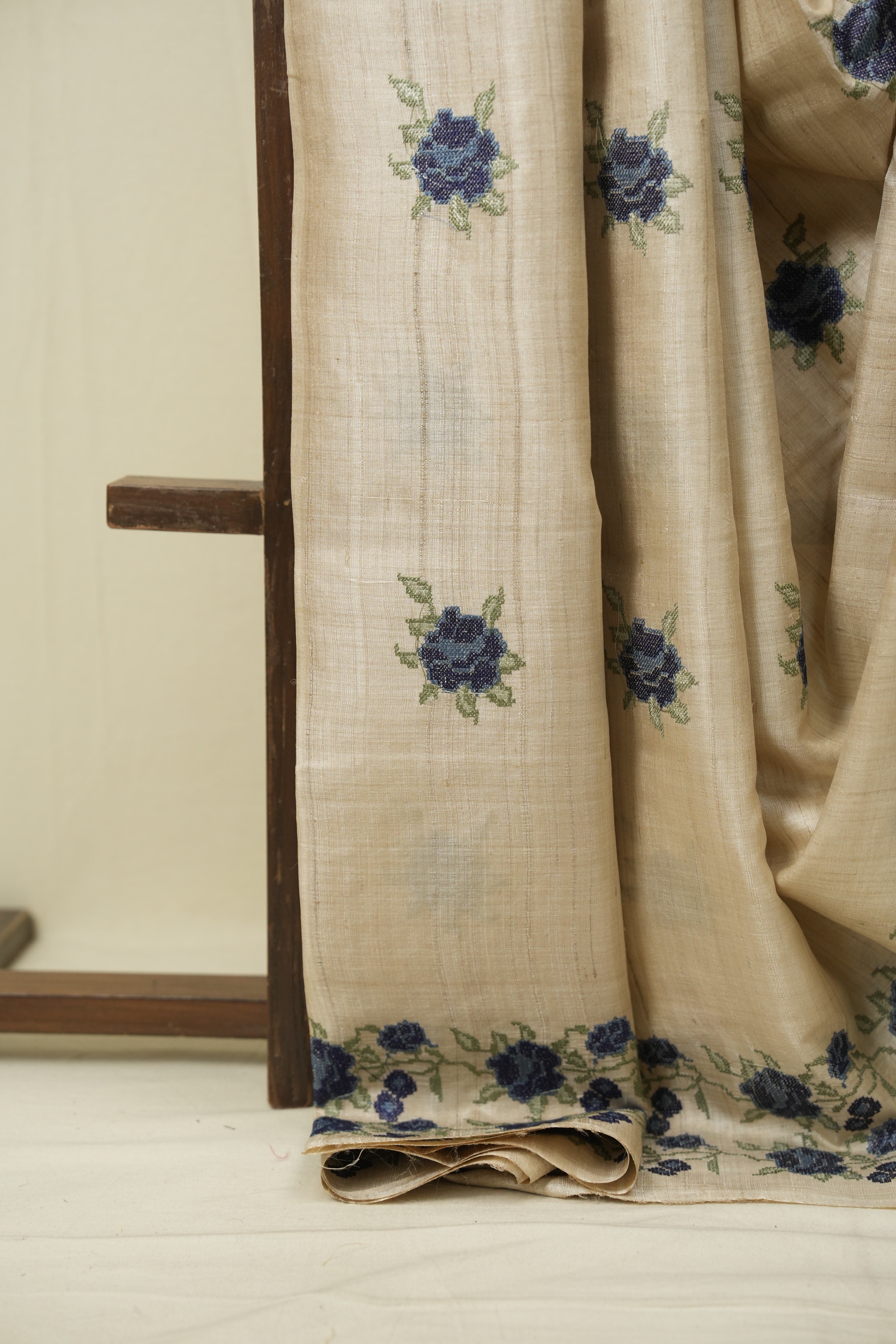 Off White Machine Embroidered Tussar Silk Saree - SROWMETSS1575