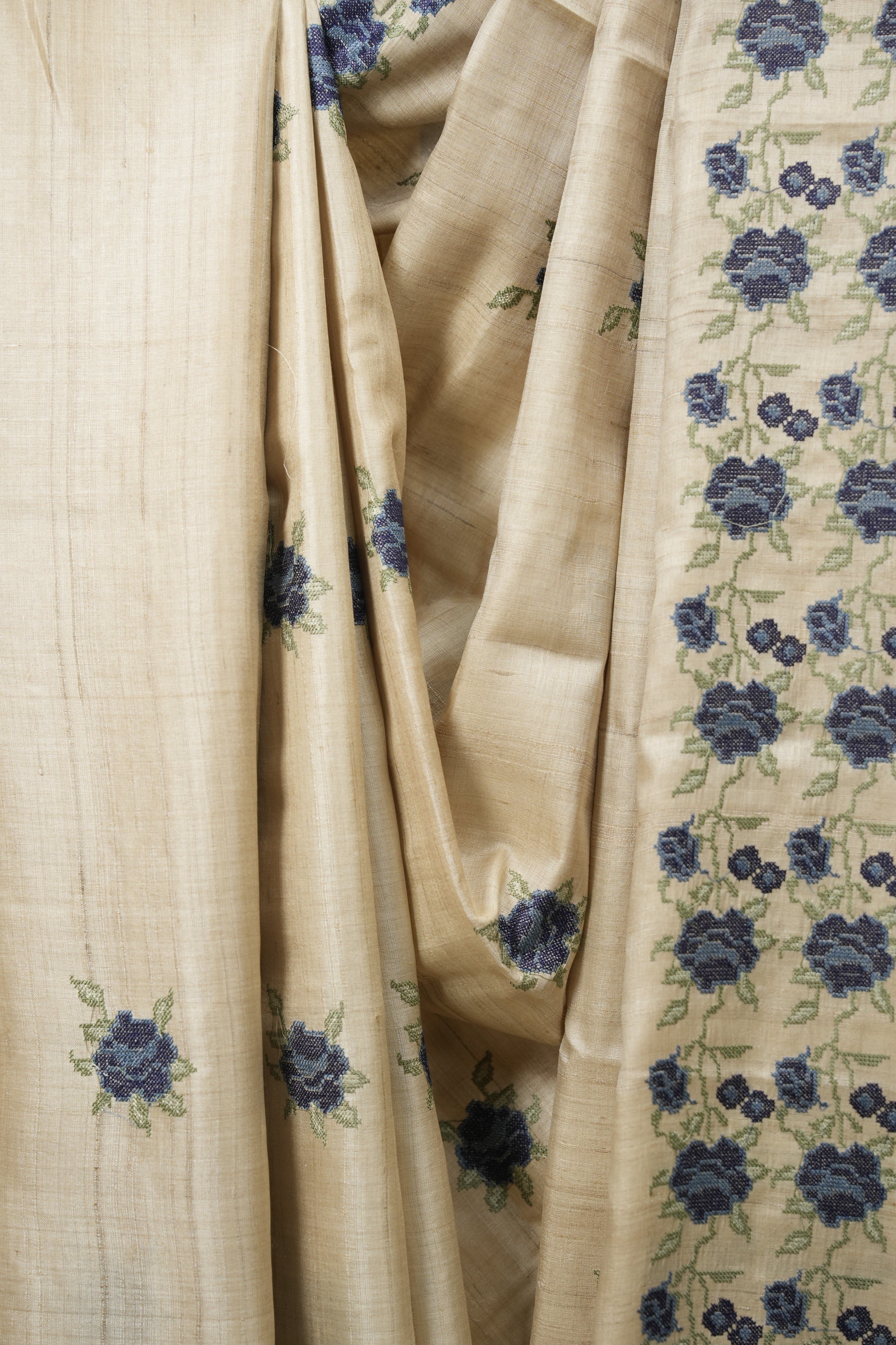 Off White Machine Embroidered Tussar Silk Saree - SROWMETSS1575