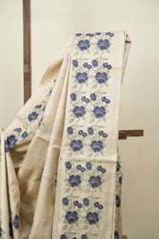 Off White Machine Embroidered Tussar Silk Saree - SROWMETSS1575