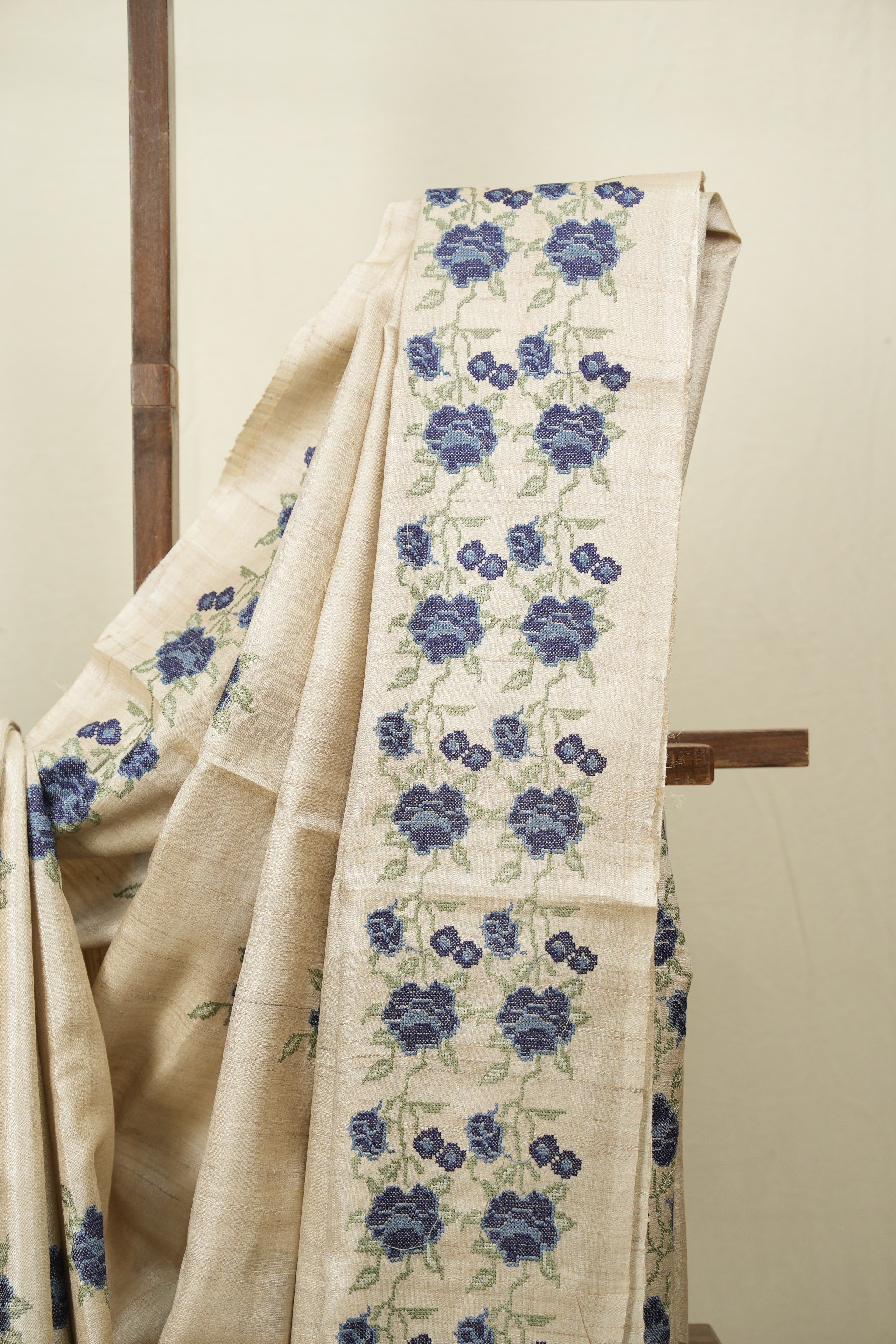 Off White Machine Embroidered Tussar Silk Saree - SROWMETSS1575