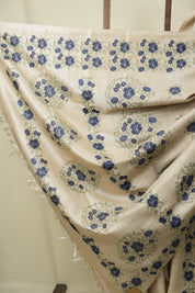 Off White Machine Embroidered Tussar Silk Saree - SROWMETSS1575